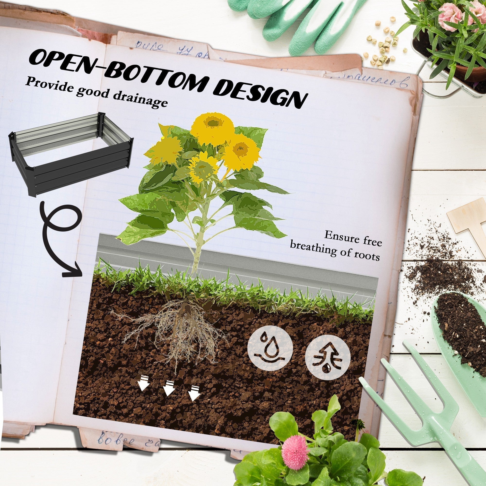 Outsunny Set of Two 100 x 60cm Steel Planter Boxes - Grey