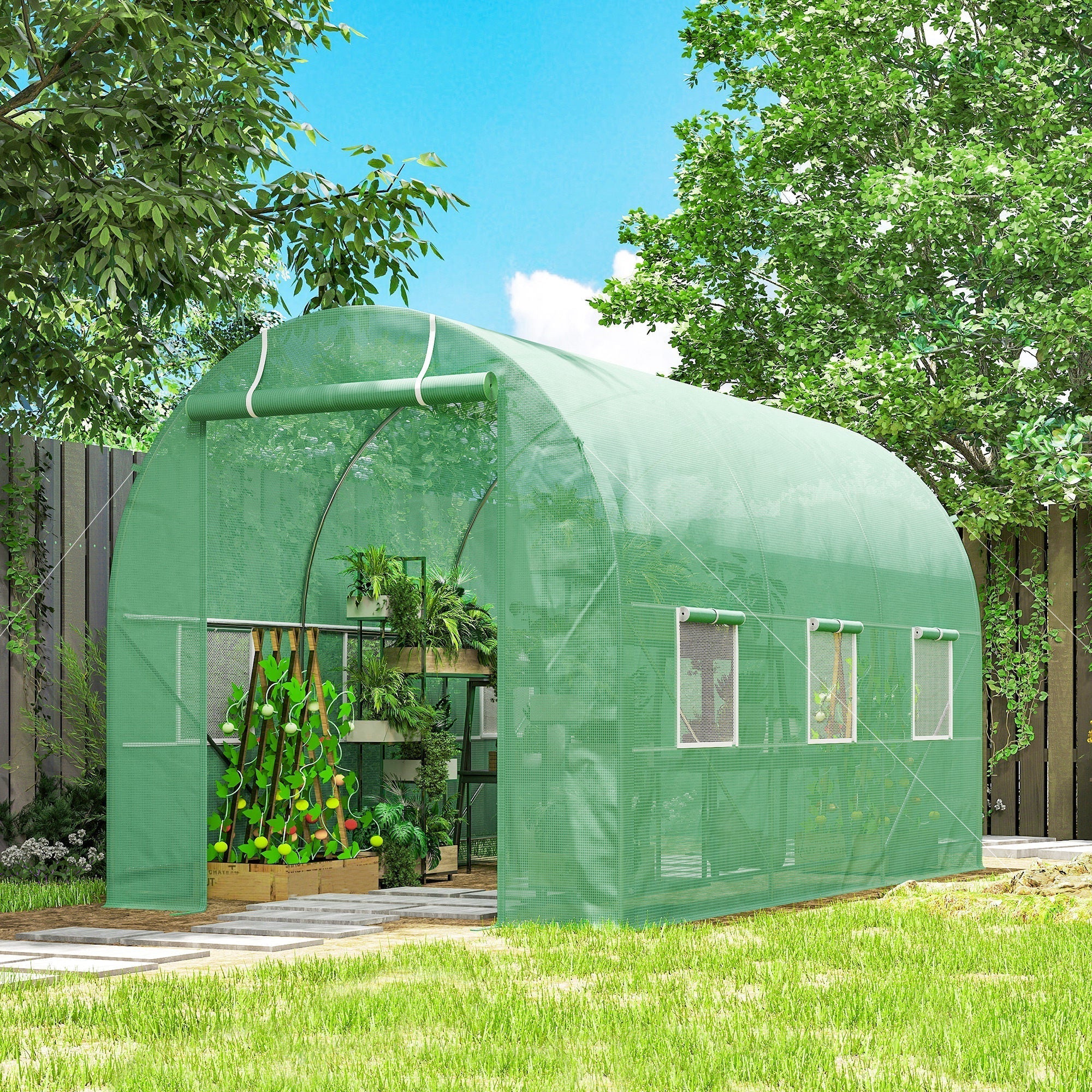 Outsunny 3.5 x 2m Walk-In Polytunnel Greenhouse, with Steel Frame, PE Cover, Roll-Up Door and 6 Windows, Green
