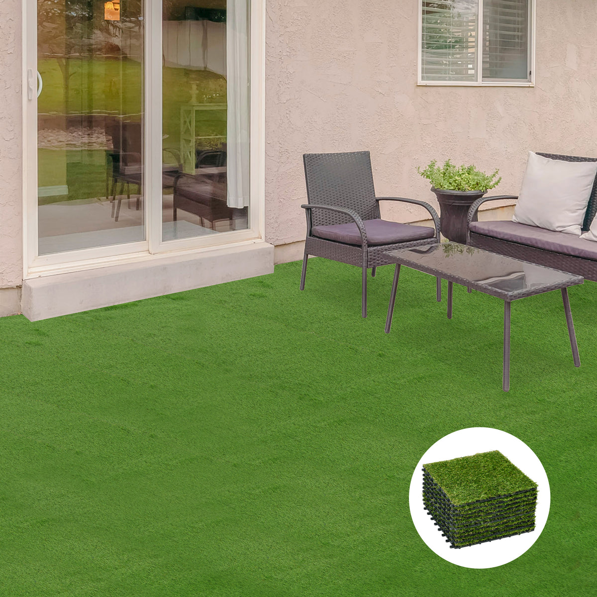 Outsunny 10-Piece Artificial Grass Set, Weatherproof Turf Tiles, 25mm Pile Height, Outdoor Carpet for Garden, Balcony & Patio, 30 x 30cm, Dark Green