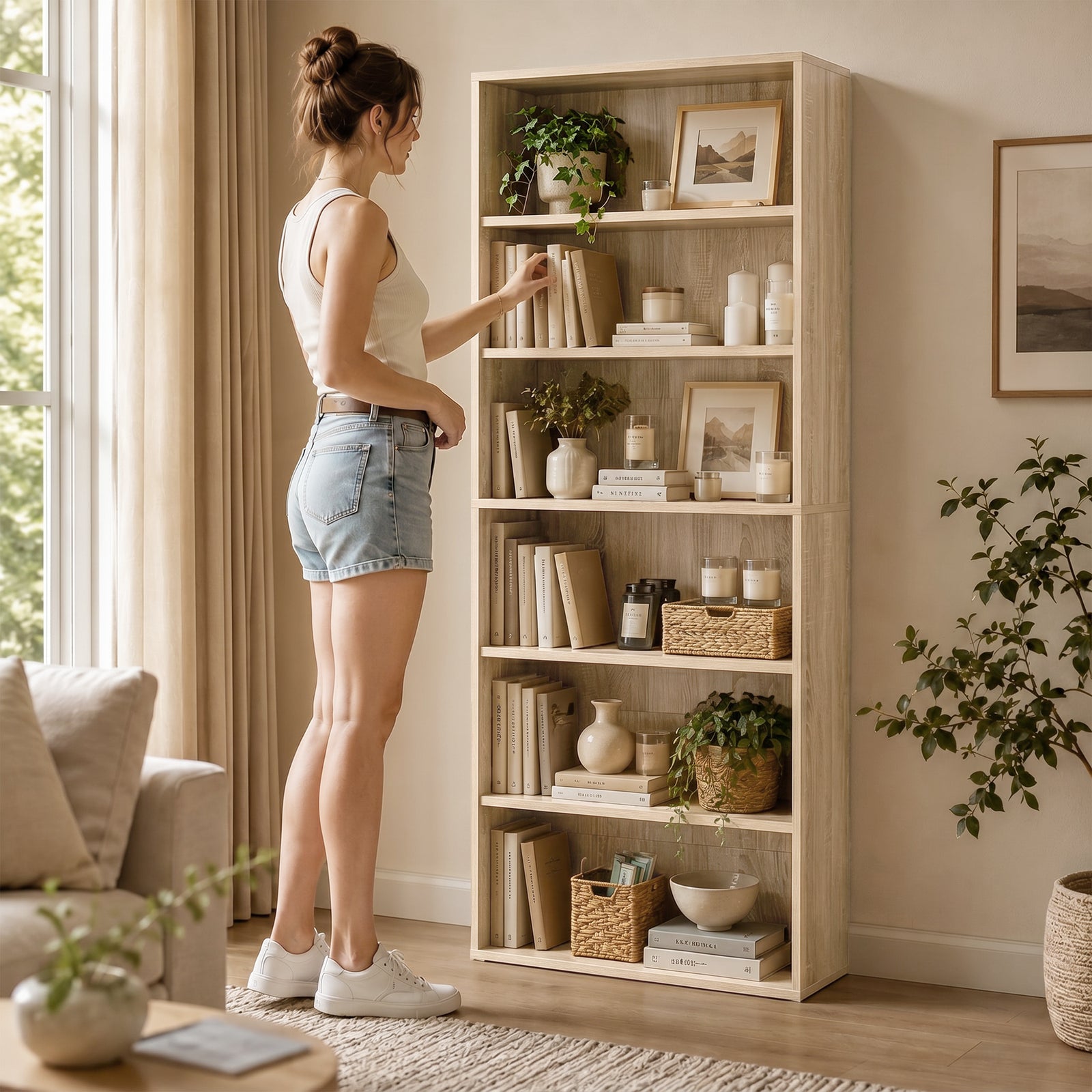 HOMCOM Six Shelf Bookcase - Oak