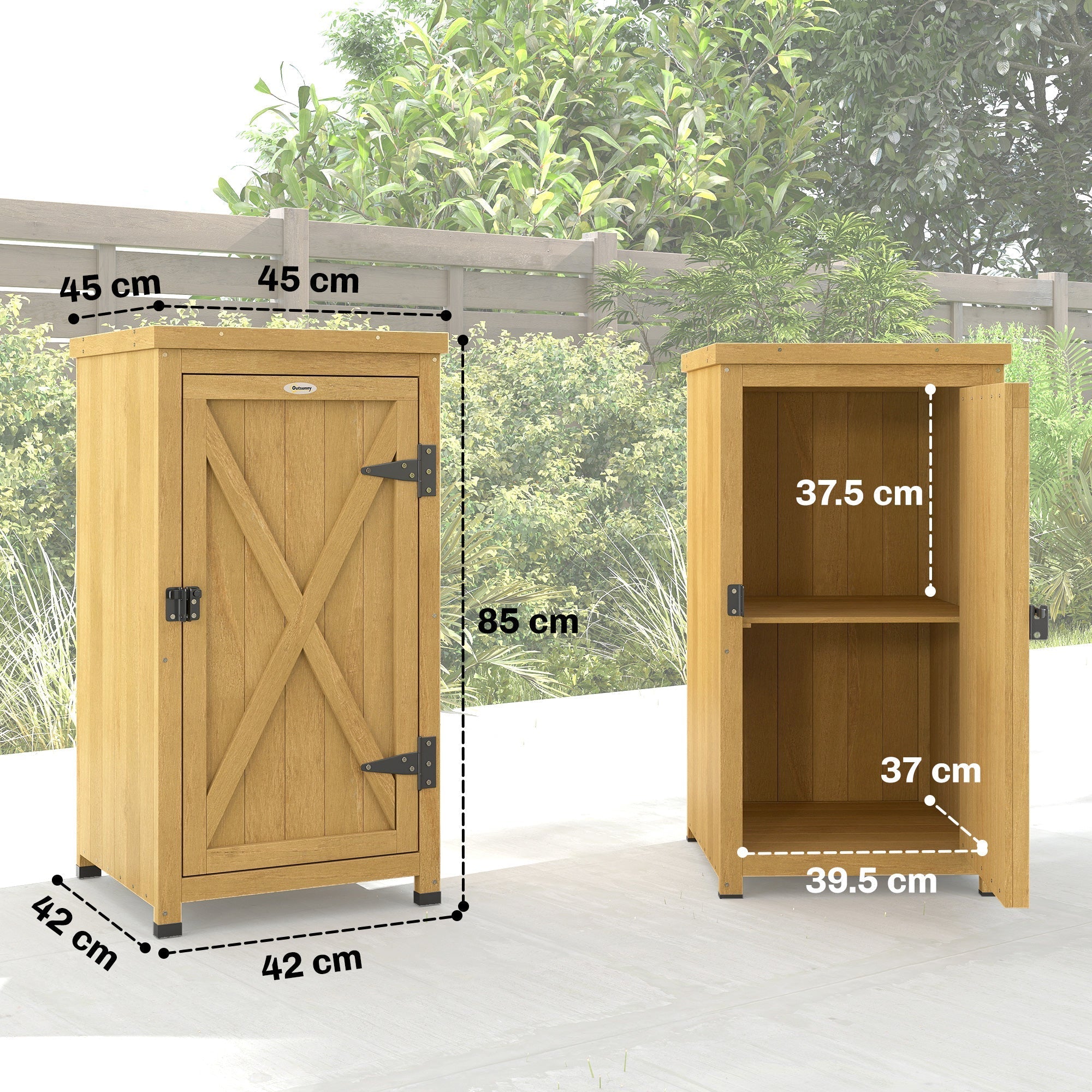 Outsunny Wooden Garden Shed, Garden Tool Storage Shed with Metal Top and Shelf, Light Brown