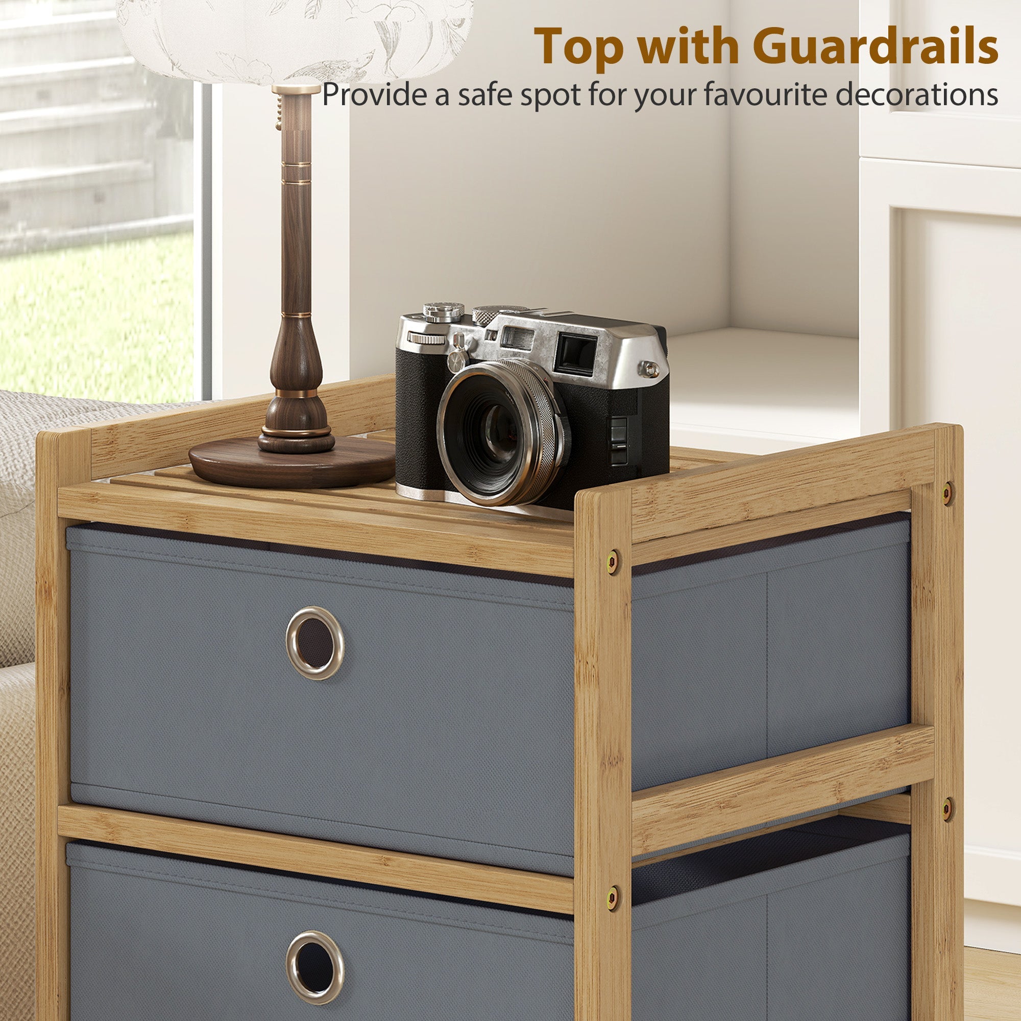 HOMCOM Chest of Drawers, 5 Fabric Drawers Narrow Dresser with Bamboo Frame, Light Grey