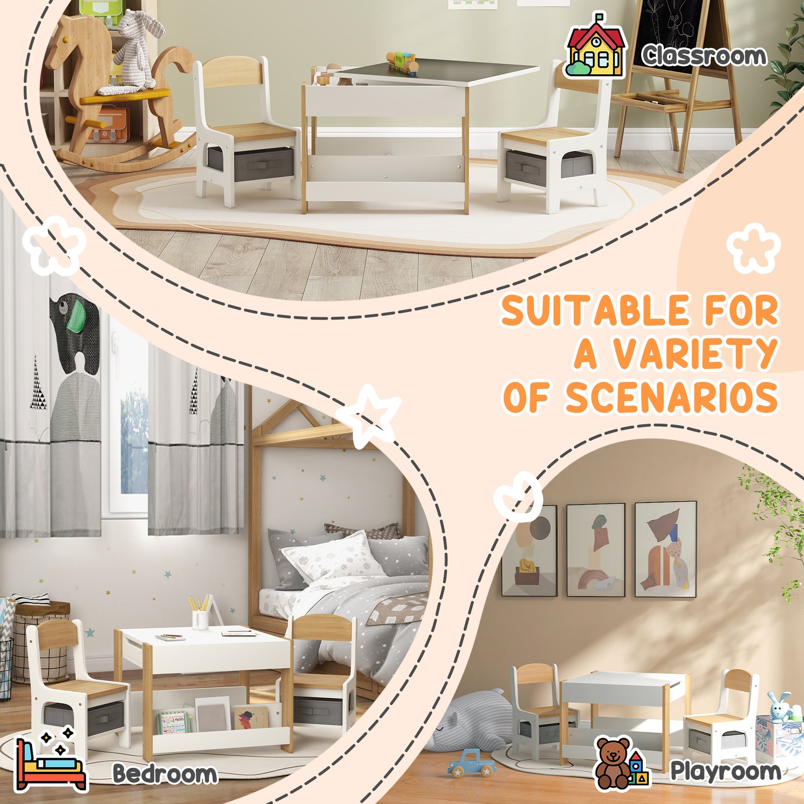 HOMCOM Three-Piece Kids Table and Chair Set with Blackboard, Storage, Bookshelves - Natural Wood