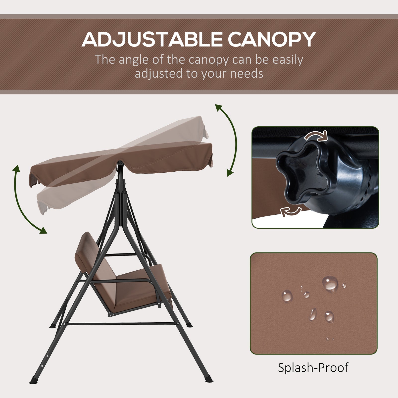Outsunny 3 Seater Garden Swing Chair, Outdoor Swing Chair with Adjustable Canopy, Mental Frame & Cushions, Brown