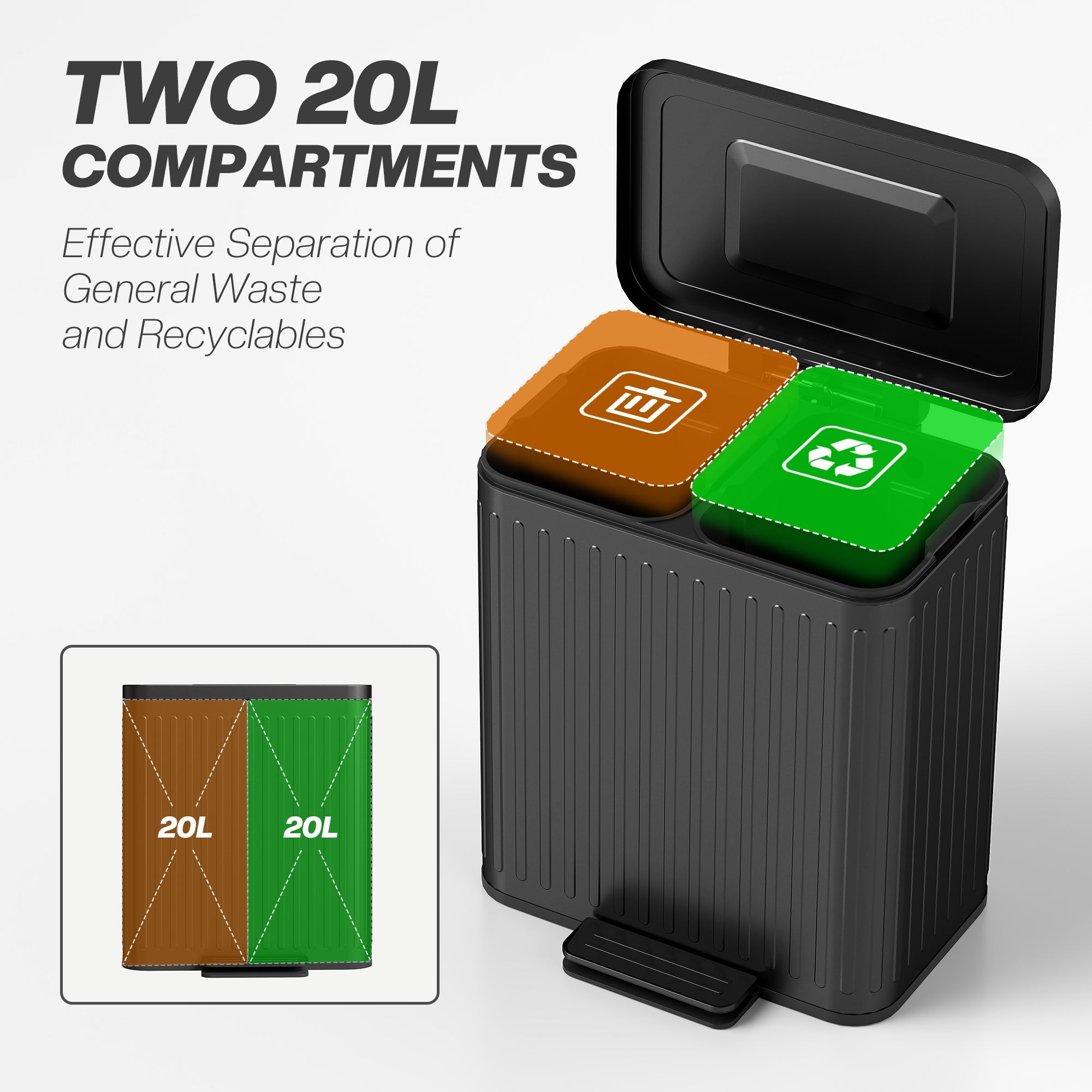 HOMCOM 40L Dual Compartment Rubbish Bin, with Soft-Close Lid - Black