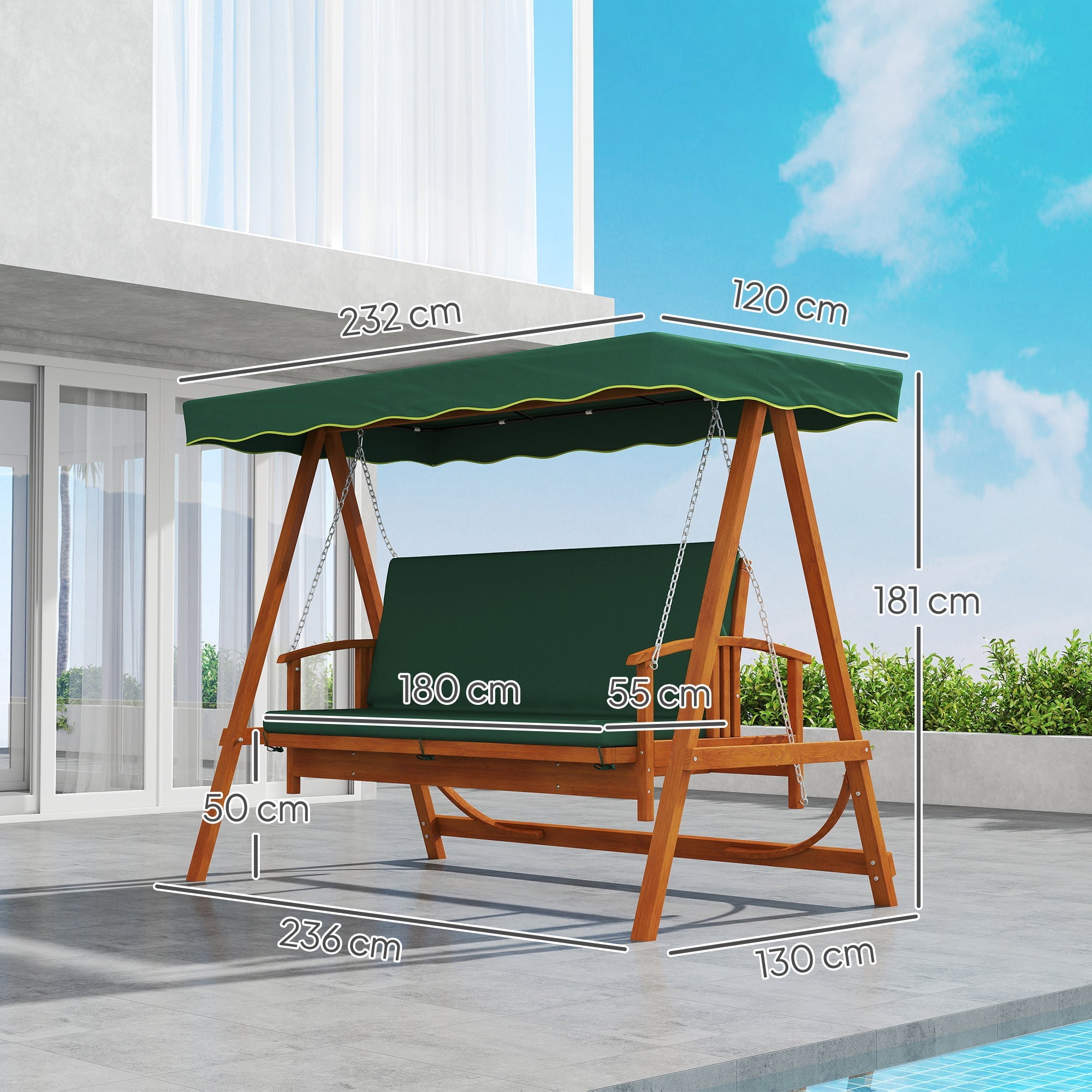 Outsunny 3 Seater 2-in-1 Wooden Garden Swing Seat Swing Chair Outdoor Convertible Hammock Bench Furniture Lounger Bed Wood, Dark Green