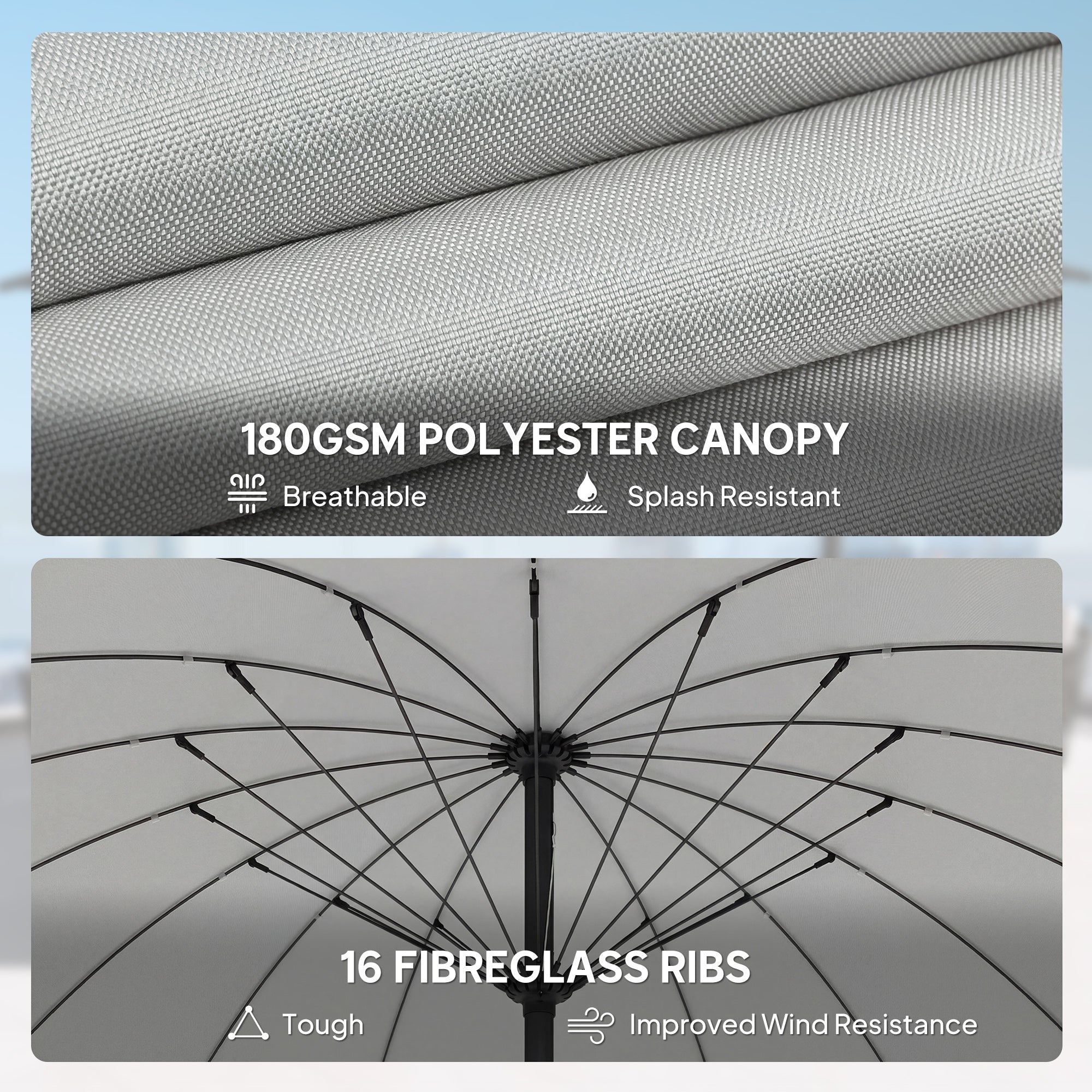 Outsunny 2 m Shanghai Garden Parasol Umbrella with 16 Fibreglass Ribs, Outdoor Parasol Sun Shade with Crank & Tilt, Light Grey