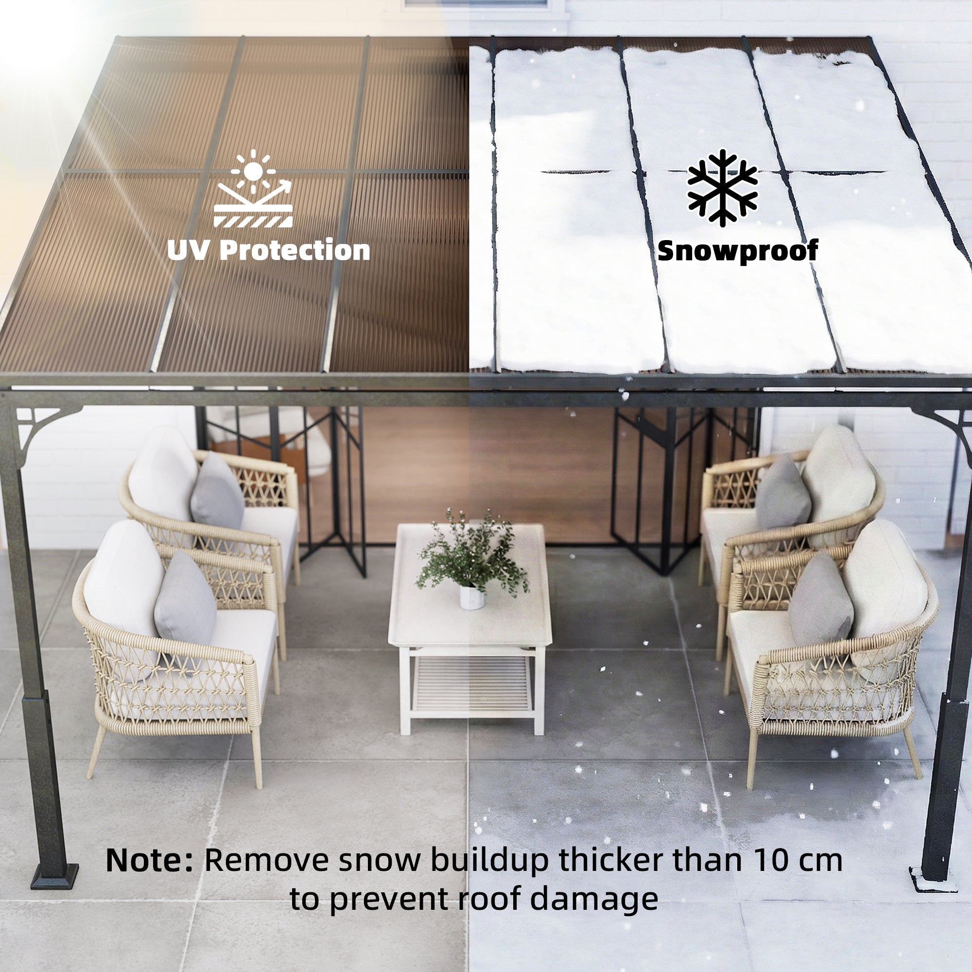 Outsunny 3.4 x 3 m Metal Lean-to Pergola, Wall-Mounted Garden Pergola with Polycarbonate Roof and Metal-Aluminium Frame, Heavy Duty Hardtop Gazebo for Outdoor Patios, BBQ, Brown