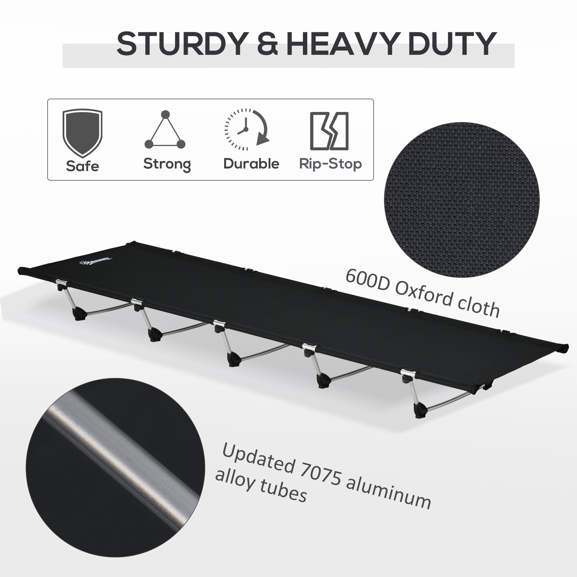 Outsunny Lightweight Camping Bed, Aluminium Portable Camp Cot w/ Strong Support 150kg and Carry Bag for Camping, Black