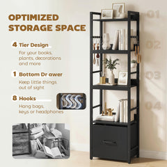 HOMCOM 4-Tier Bookshelf, Narrow Bookcase with Drawer, 8 Hooks, Metal Frame, Black
