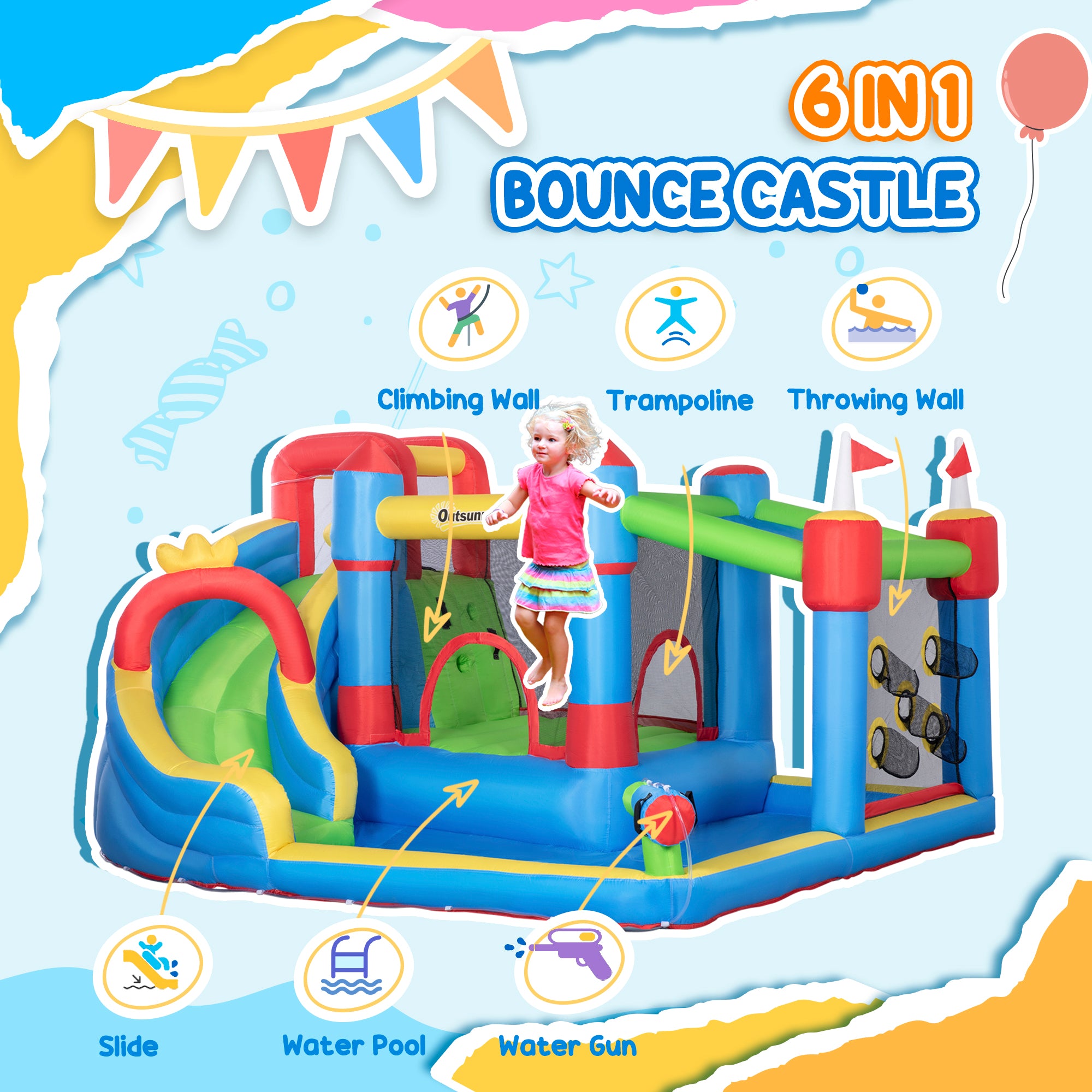 Outsunny 6 in 1 Kids Bouncy Castle, with Water Slide, Water Gun, Climbing Wall, Air Blower for Indoors/Outdoors, 3.9 x 3 x 2m