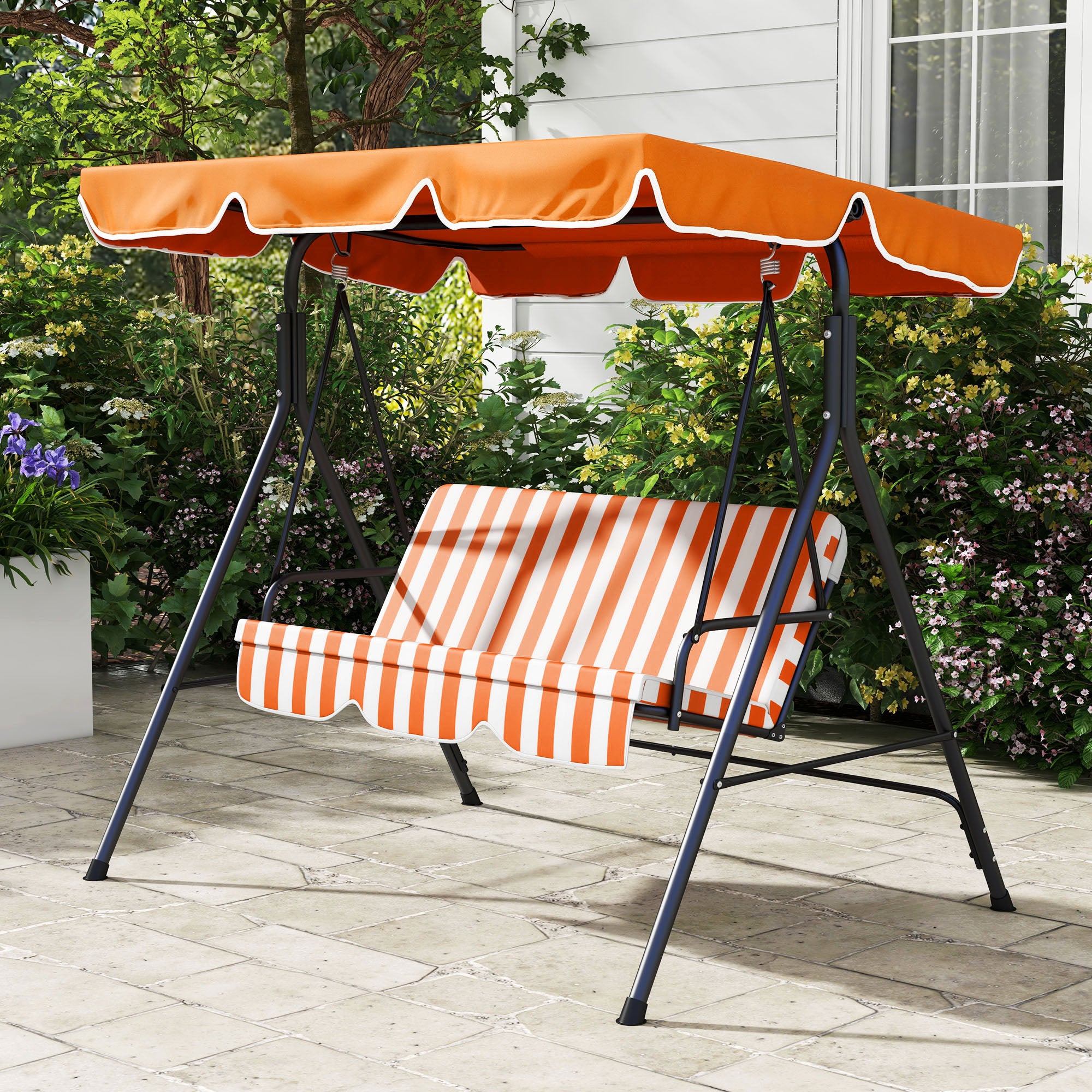 Outsunny 3 Seater Garden Swing Chair, Outdoor Swing Chair with Adjustable Canopy, Mental Frame & Cushions, Orange