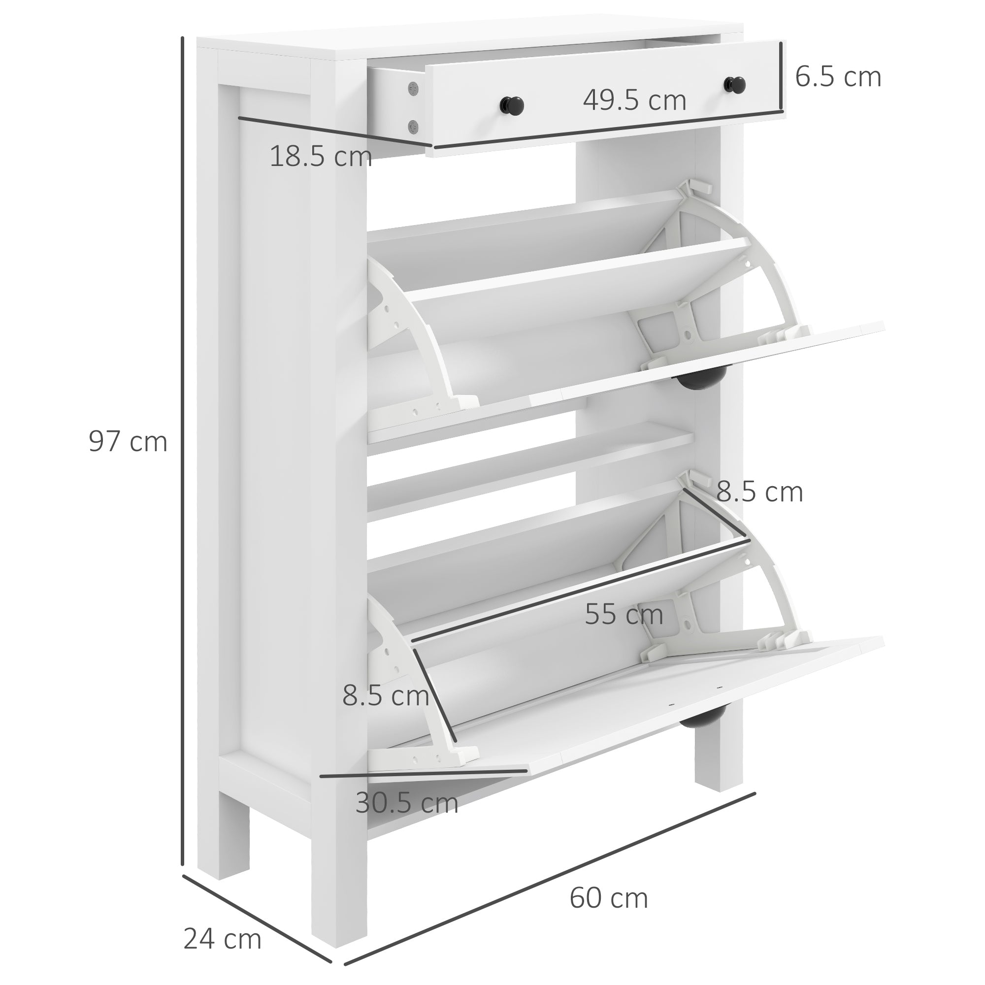 HOMCOM Narrow Shoe Cabinet with 2 Flip Drawers and Adjustable Shelves, White