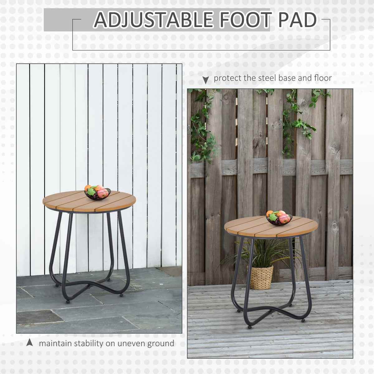 Outsunny Round Outdoor Side Table Adjustable Leg Pads Garden Table 49 x 49 x 48 cm Natural Wood & Black - product image 5