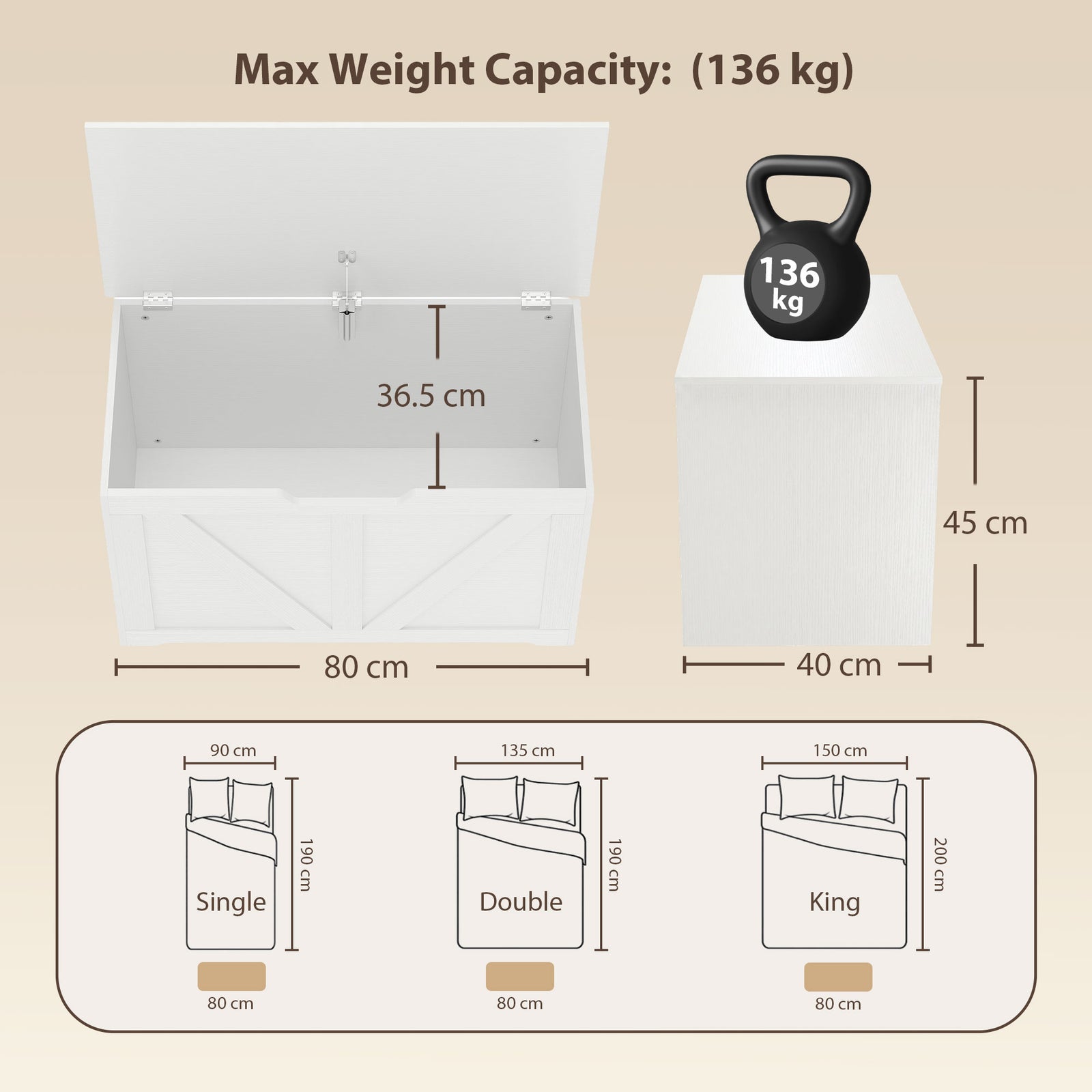 HOMCOM 100L Home Storage Box, with Safety Hinge - White Wood-Effect