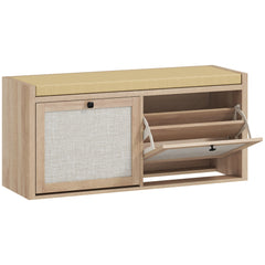 HOMCOM Rattan Shoe Bench with Padded Cushion and 2 Cabinets for Hidden Storage, Oak Wood Effect