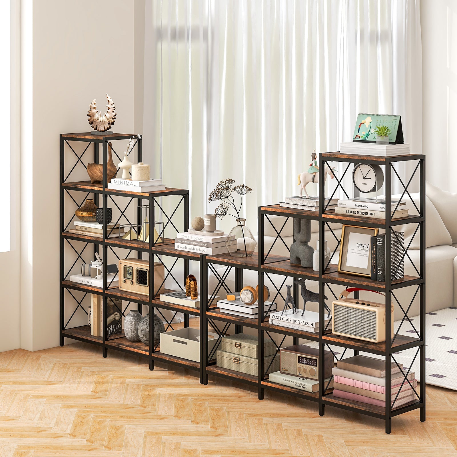 5-Tier Bookshelf 9 Cubes Bookcase with Carbon Steel Frame-Rustic Brown