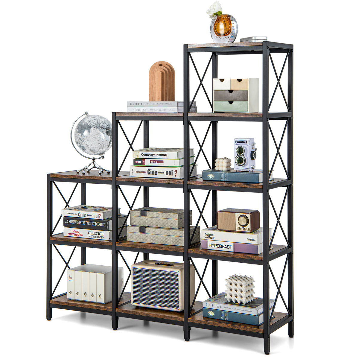 A close-up of the bookcase shelves displaying books and a globe on a white background