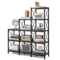 A close-up of the bookcase shelves displaying books and a globe on a white background