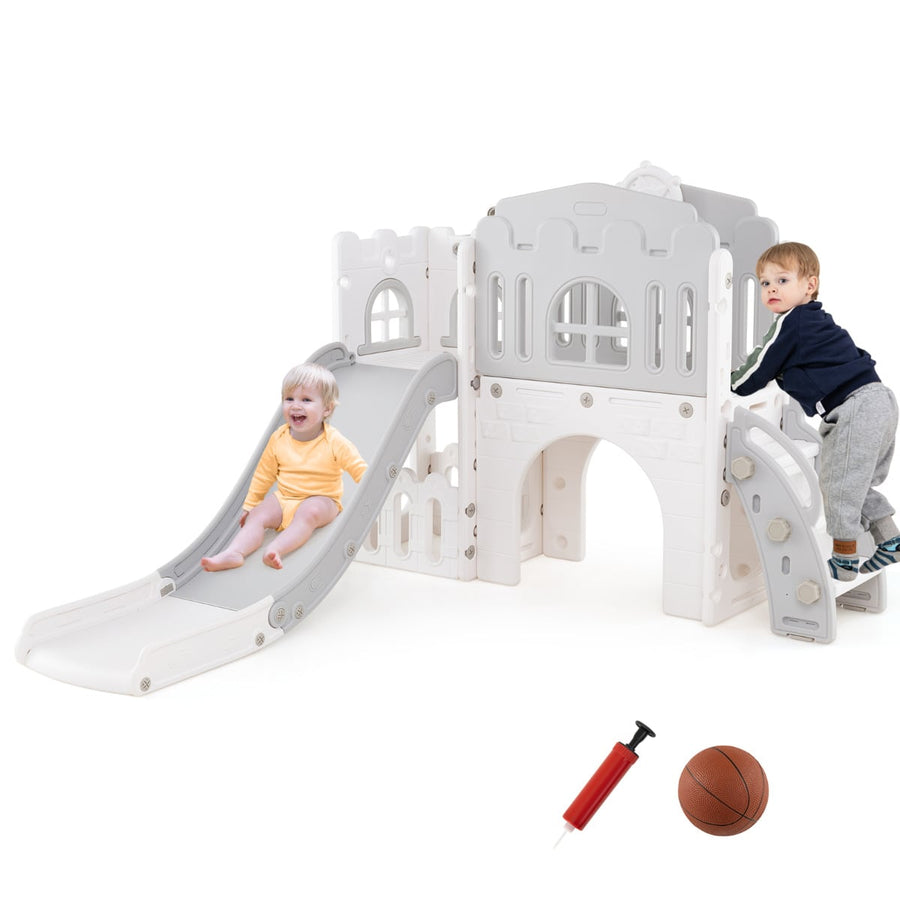 9 in 1 Toddler Slide L Shaped Kids Slide and Climber Playset with Basketball Hoop-Gray & White