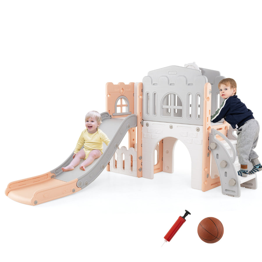 9 in 1 Toddler Slide L Shaped Kids Slide and Climber Playset with Basketball Hoop-Pink & Grey
