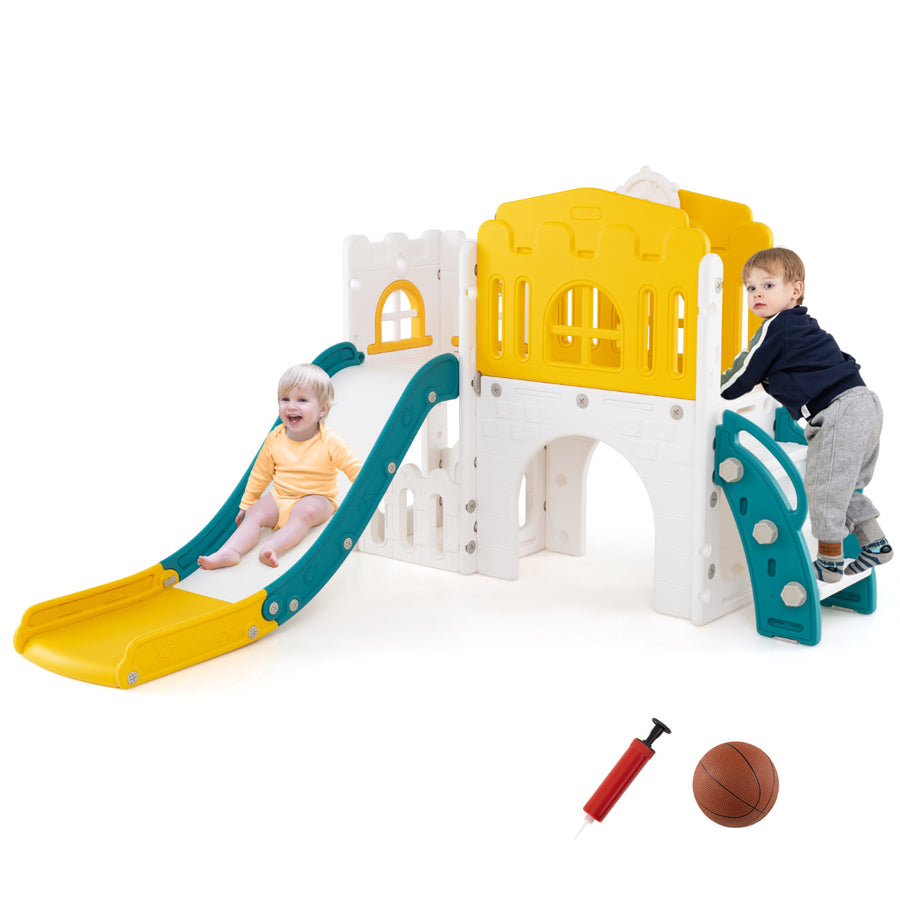 9 in 1 Toddler Slide L Shaped Kids Slide and Climber Playset with Basketball Hoop-Yellow