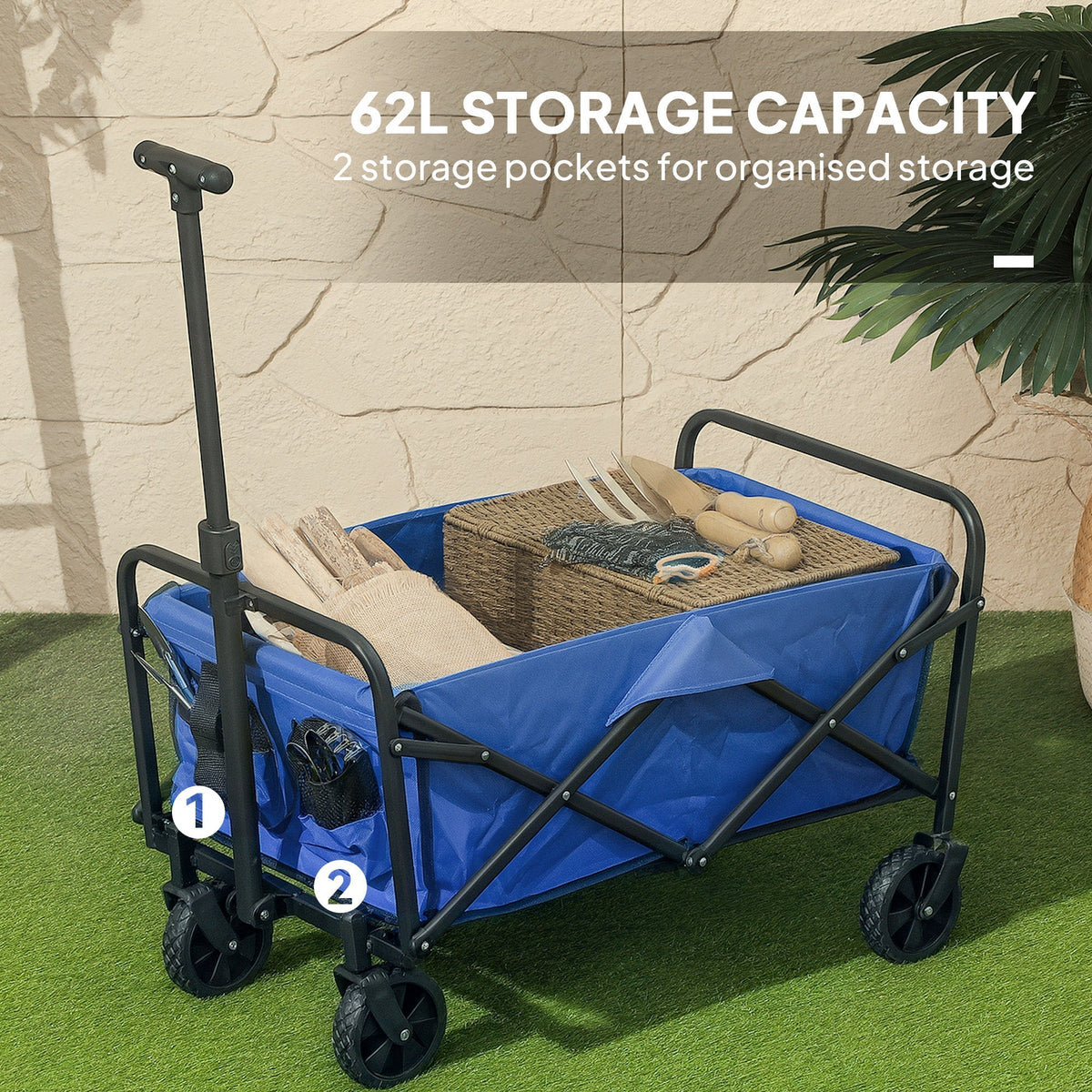 Outsunny 62L Festival Trolley on Wheels, Garden Folding Trolley Cart, 120kg Heavy Duty Collapsible Folding Wagon with Adjustable Handle and Carrying Bag for Beach, Camping, Festival, Blue