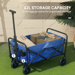 Outsunny 62L Festival Trolley on Wheels, Garden Folding Trolley Cart, 120kg Heavy Duty Collapsible Folding Wagon with Adjustable Handle and Carrying Bag for Beach, Camping, Festival, Blue