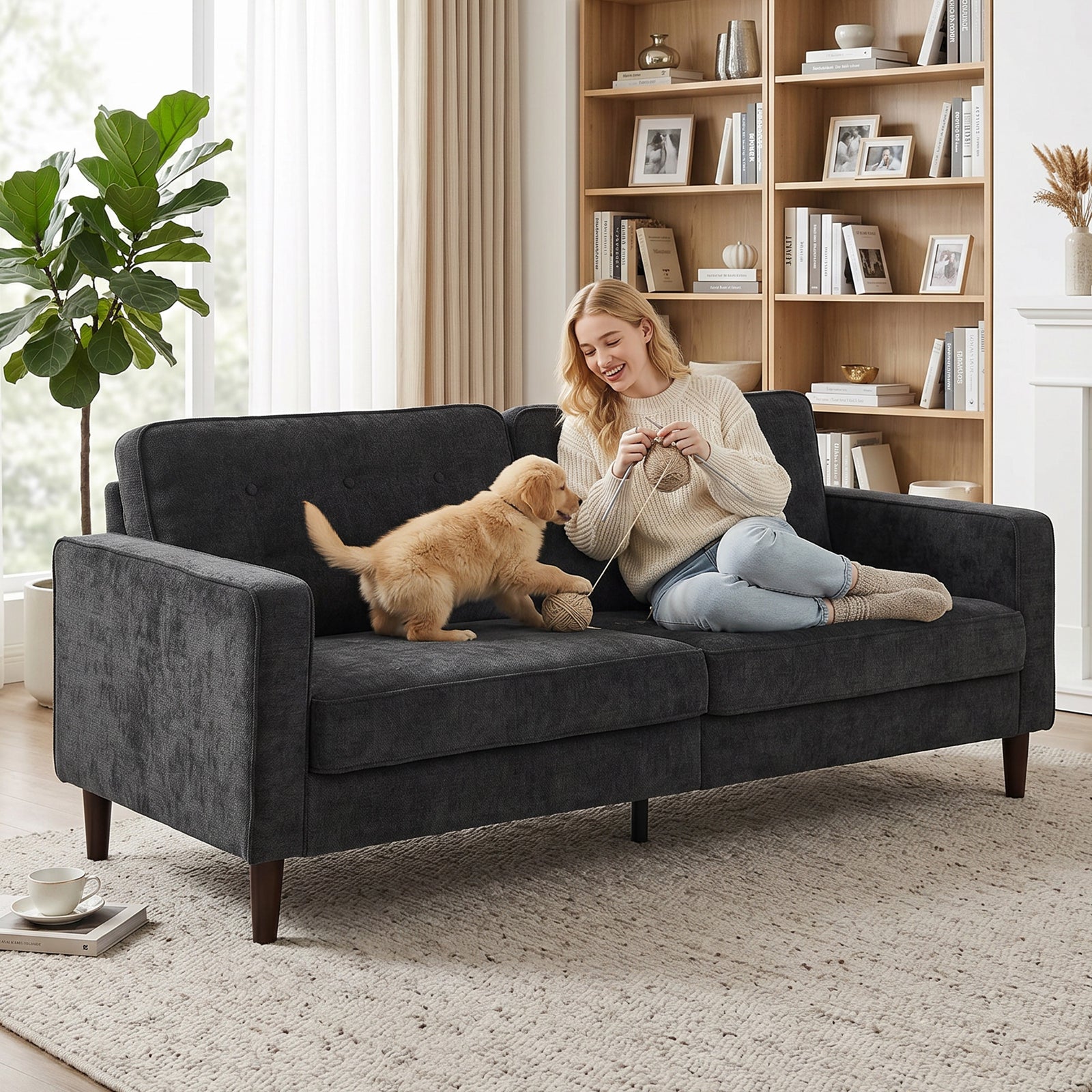 HOMCOM 3 Seater Sofa Button Tufted Upholstered Couch with Wood Legs for Living Room, Dark Grey