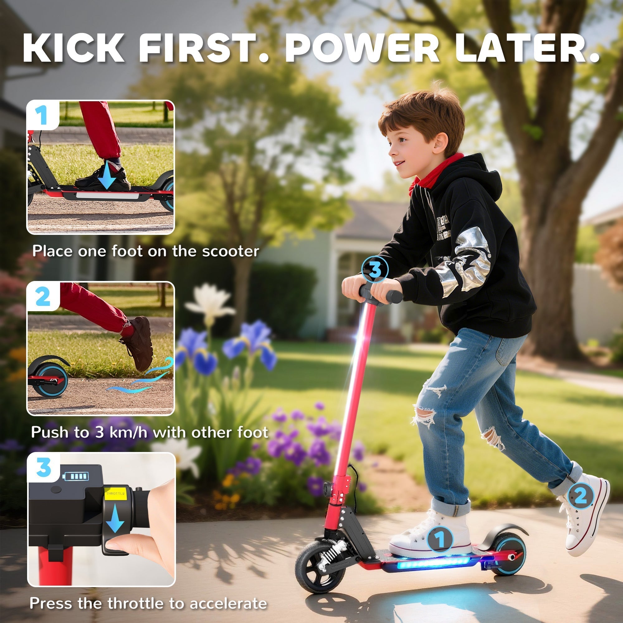 SPORTNOW Folding Electric Scooter for Kids, with Dual Brakes, Front Suspension, LED Colourful Lights, Red