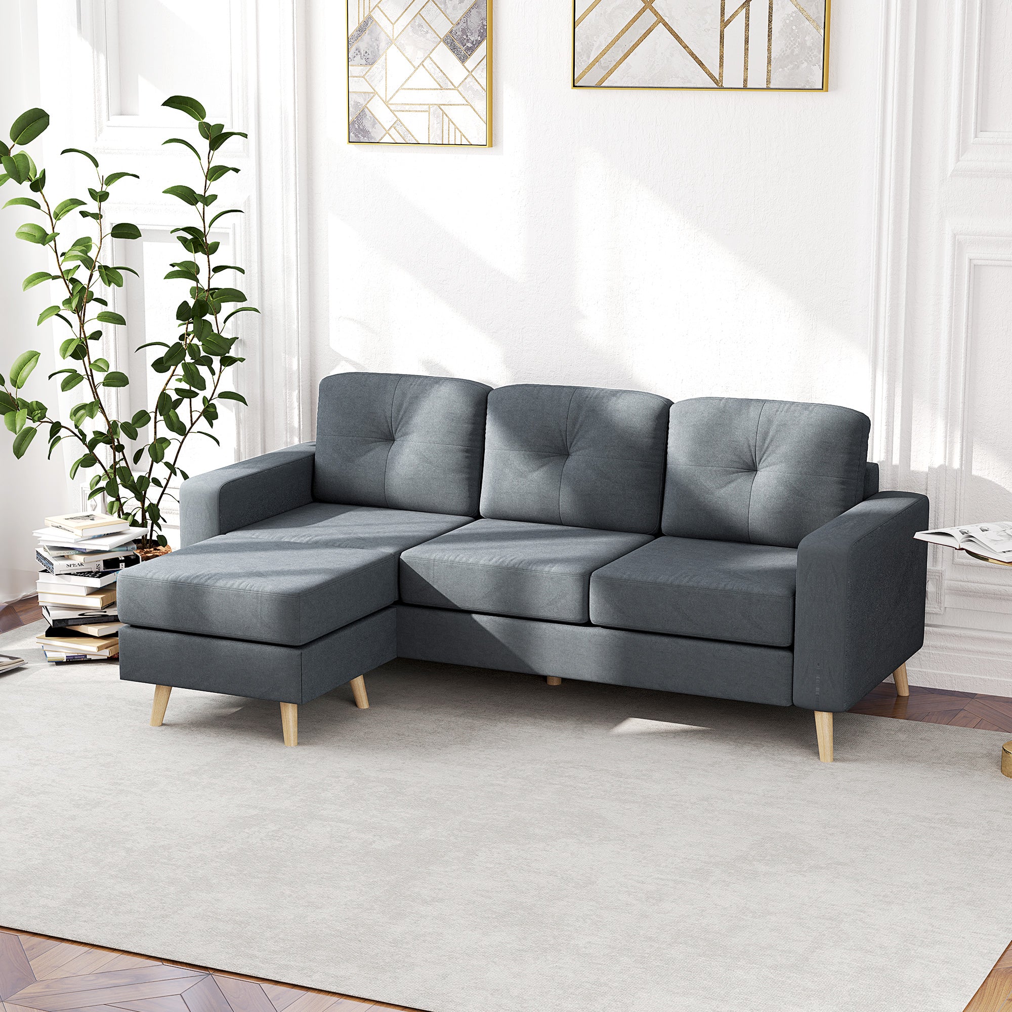 HOMCOM 3 Seater Sofa with Footstool, Fabric L-Shaped Sofa, Sectional Couch with Wood Legs, Tufting Cushioned Back for Small Space, Living Room, Office, Dark Grey