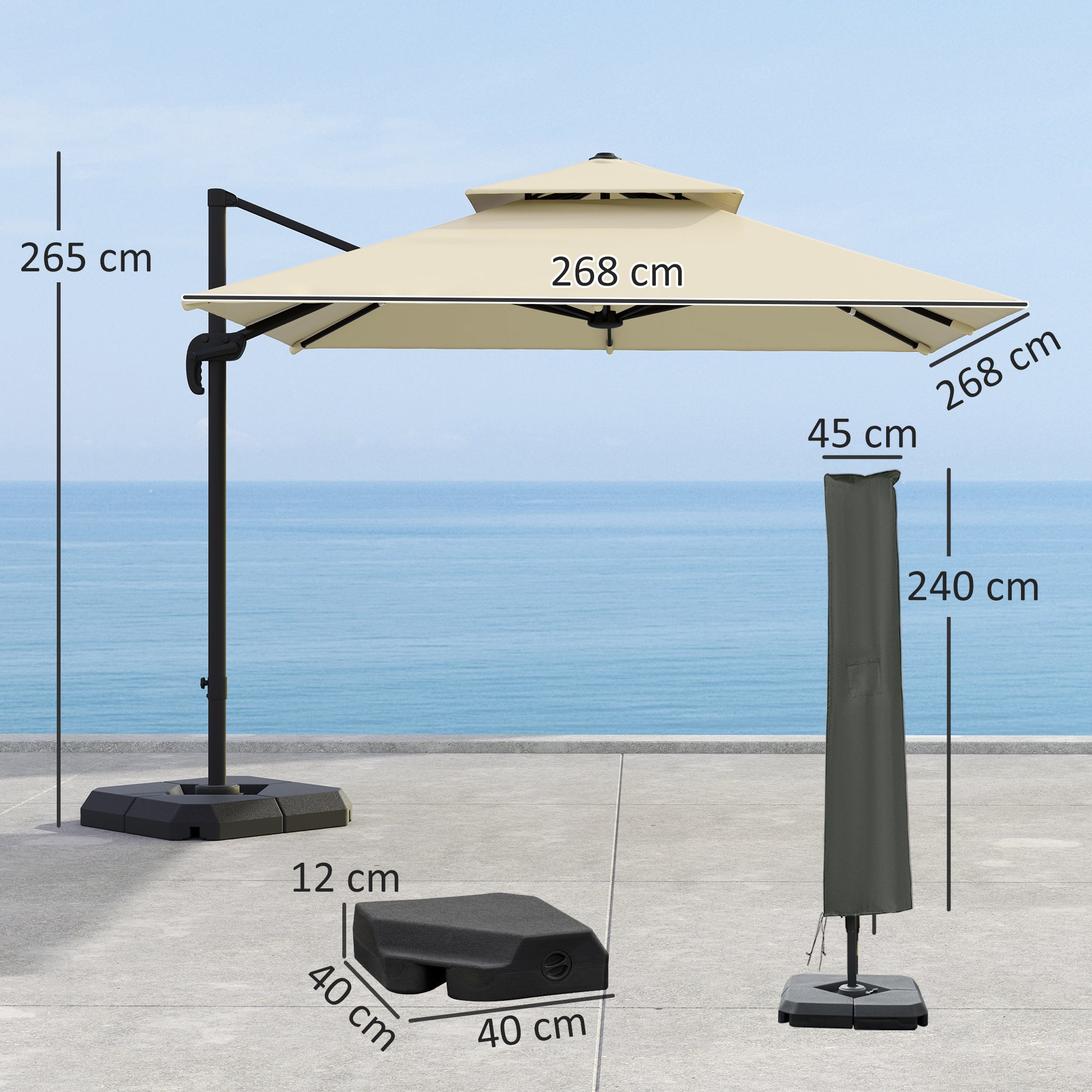 Outsunny 2.7 x 2.7(m) Cantilever Parasol with Aluminium Frame, Crank and Tilt, 360-Degree Rotation, Double Top Garden Umbrella with Base and Cover, Khaki