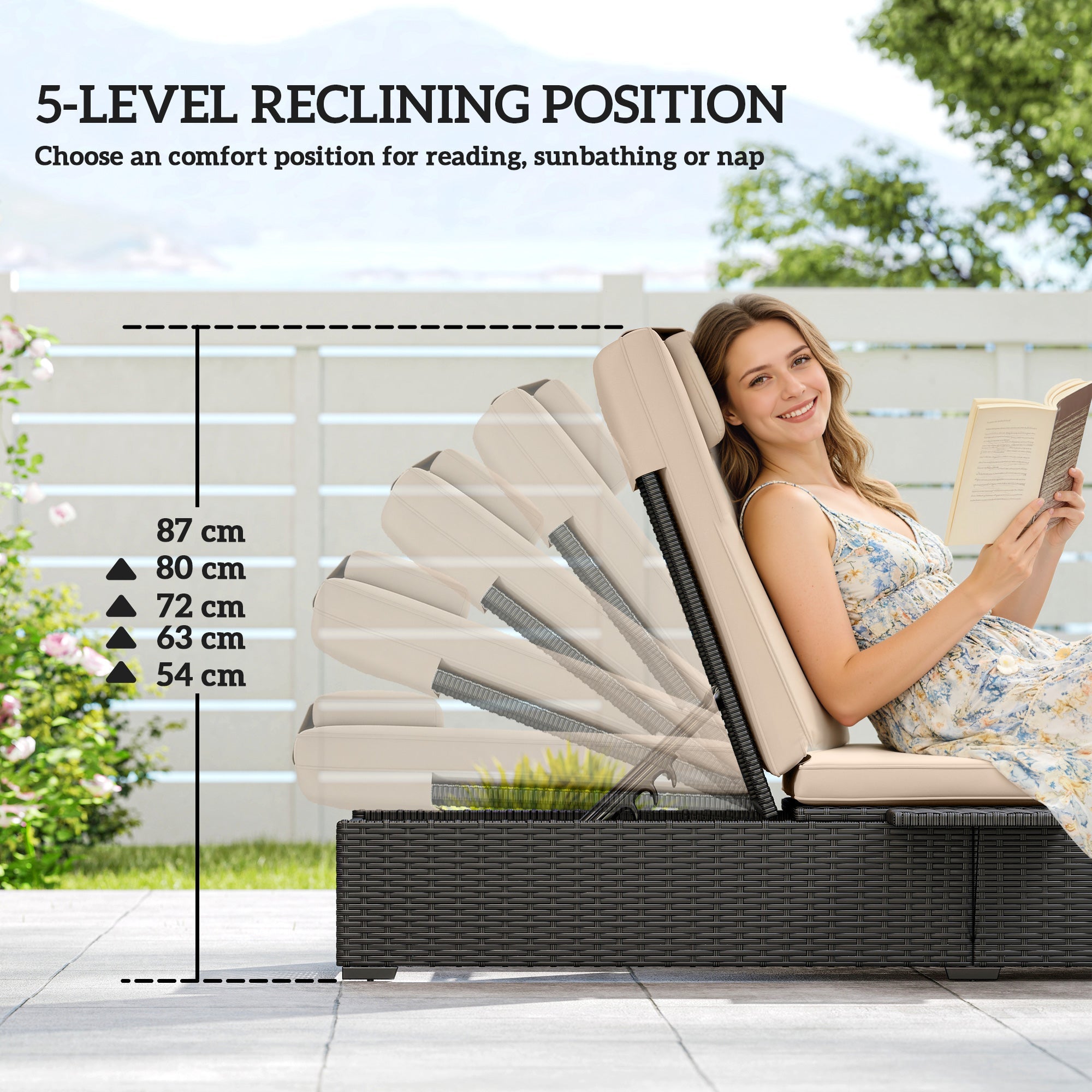 Outsunny Rattan Sun Lounger with 5-Level Reclining Back Side Tray and Cushion, Black