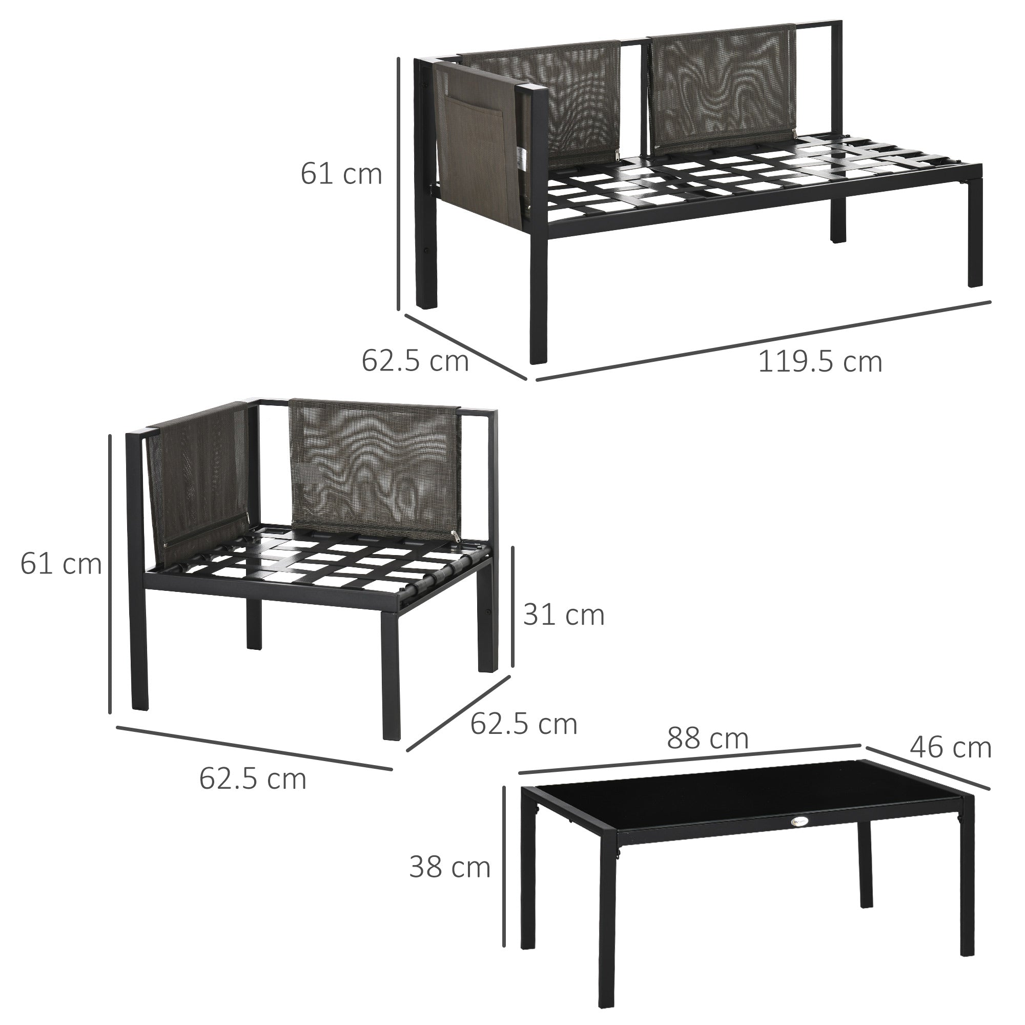 Outsunny 5 Seater Garden Corner Sofa Set, 4 Pieces Metal Garden Furniture Set with Loveseats, Glass Top Coffee Table, Breathable Mesh Pocket, Outdoor Conversation Furniture with Cushions, Light Grey