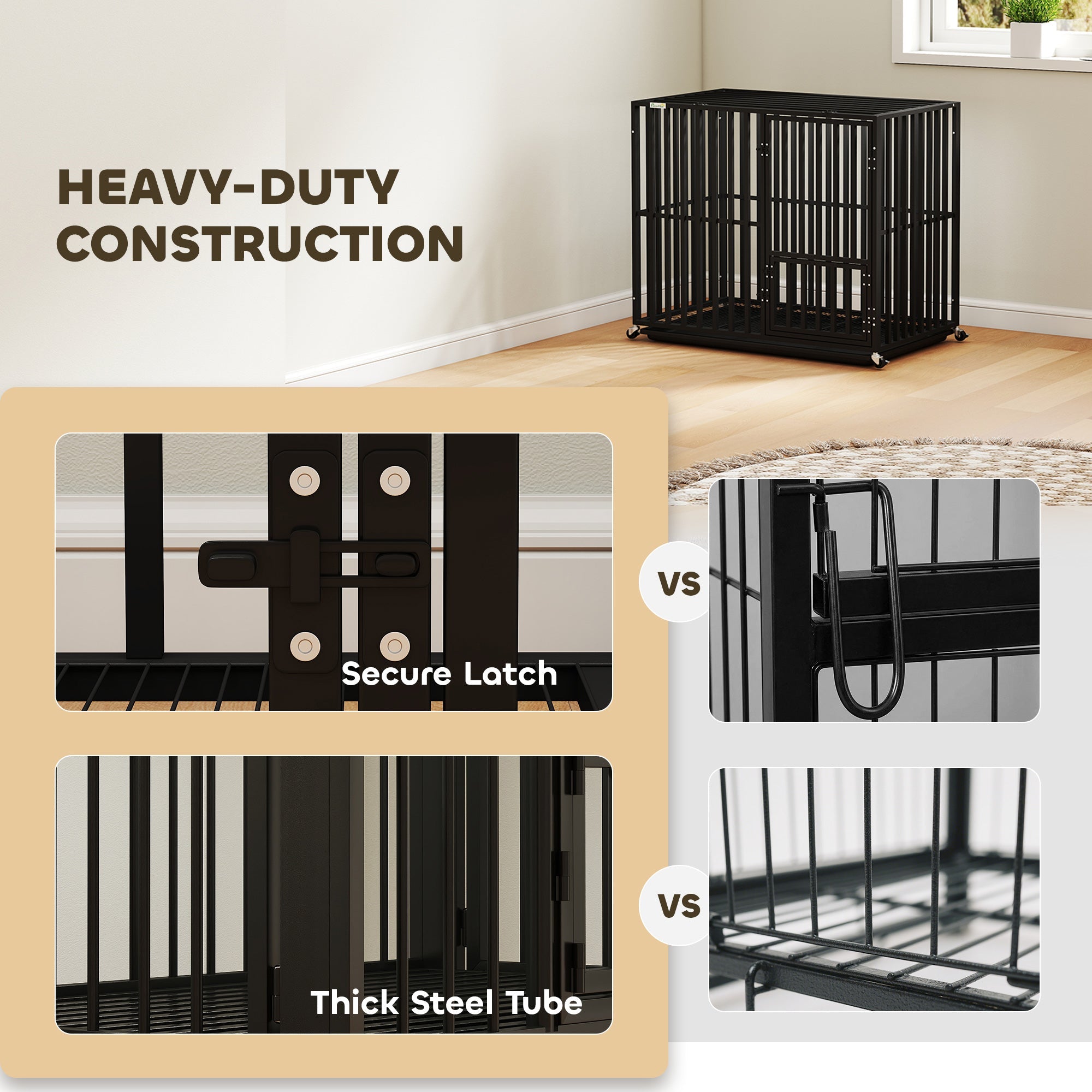 PawHut Heavy Duty Dog Crate, Dog Cage with Wheels for Medium Large Breeds, Metal Pet Kennel with Removable Tray