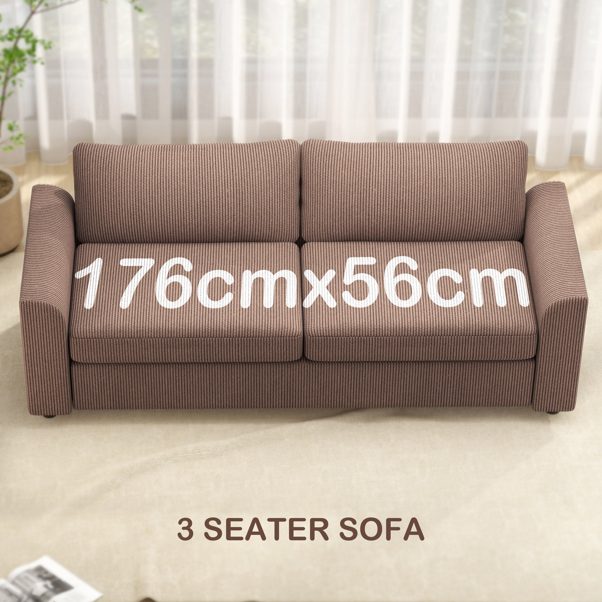 HOMCOM Modern 3 Seater Sofa with Spring Cushion, 212 cm Fabric Jumbo Cord Sofa Couch with 2 Scatter Cushions, Upholstered Corduroy Settee for Living Room, Bedroom, Home Office, Coffee