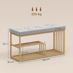 HOMCOM Bench and Shoe Storage, Tufted Shoe Storage Bench with Velvet Seat Cushion Gold Steel Frame for Entryway, Grey