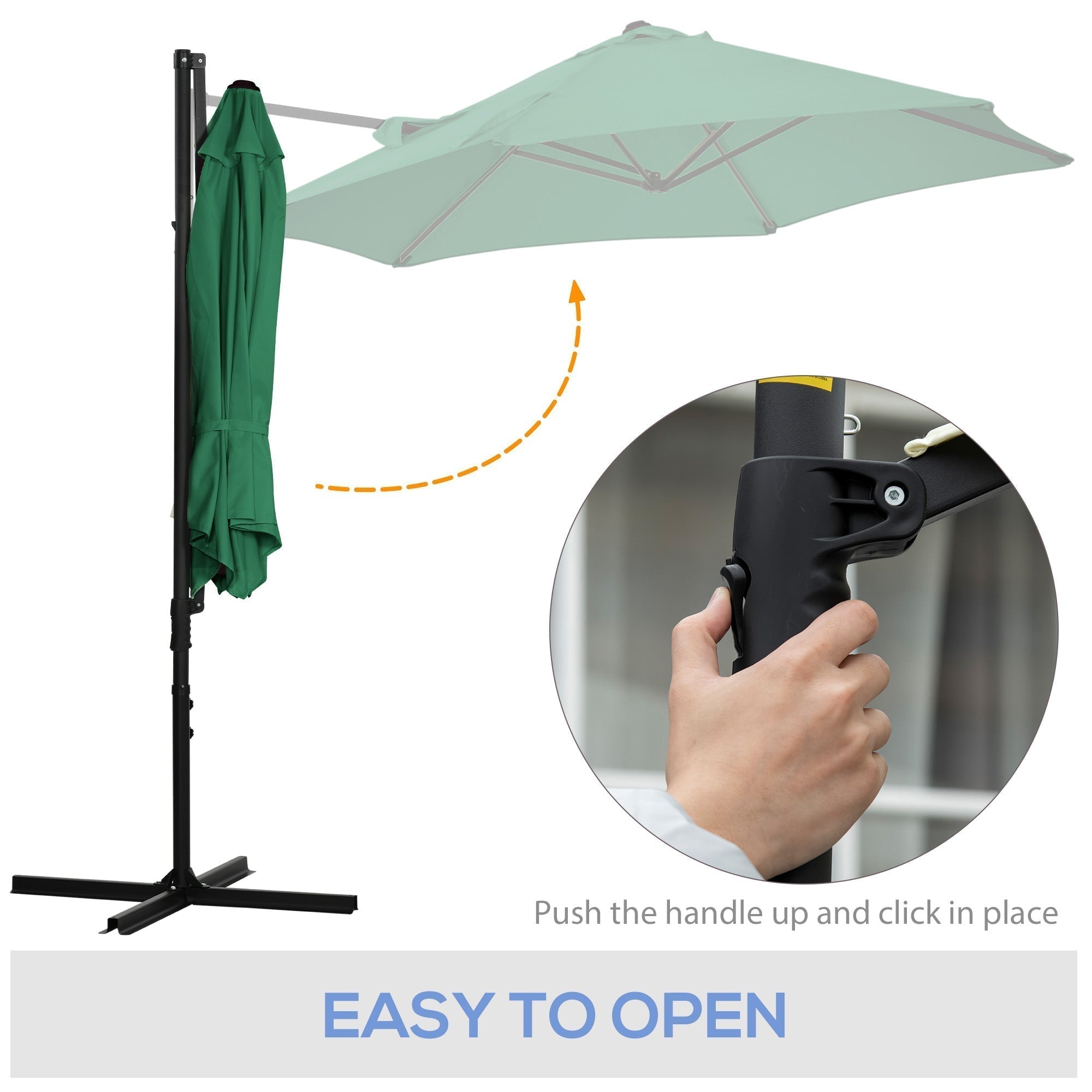 Outsunny 2.5M Garden Cantilever Parasol, Offset Roma Patio Umbrella Hanging Sun Shade Canopy Shelter with 360 Rotation and Cross Base, Green
