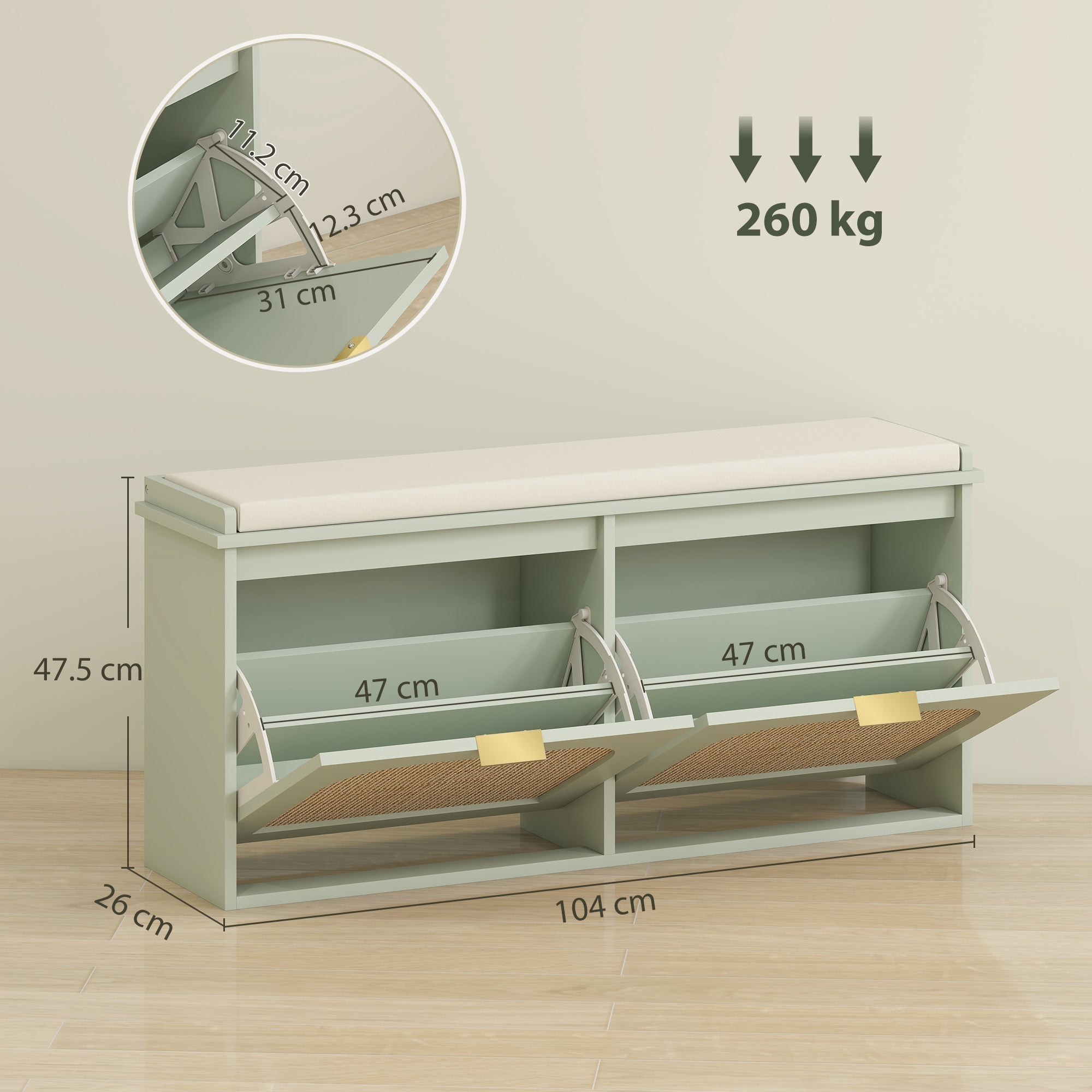 HOMCOM Boho Shoe Bench with Padded Seat and 2 Flip-Drawers - Light Green