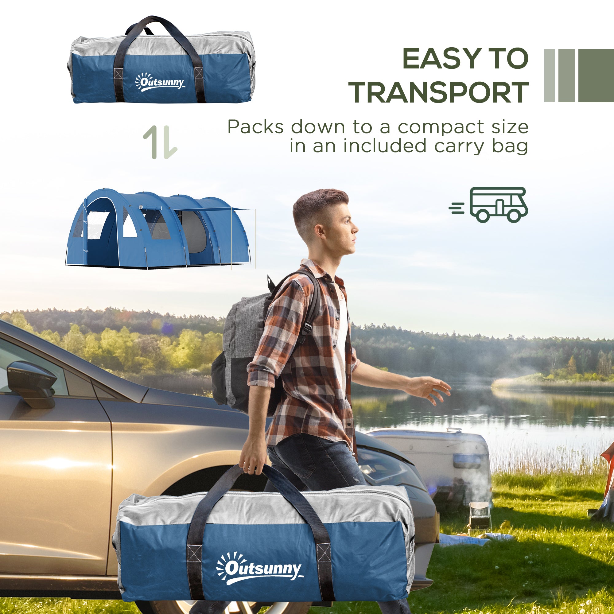 Outsunny 5-6 Man Camping Tent with 2 Room, Floor and Carry Bag - Blue