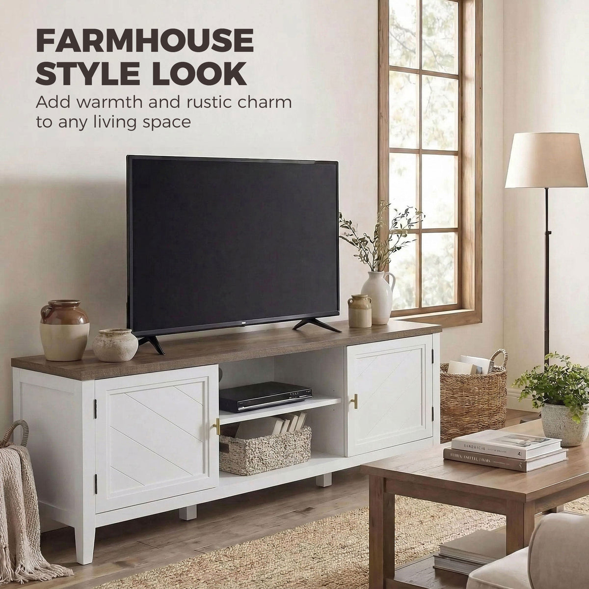 HOMCOM TV Stand for TVs up to 42 Inch, Farmhouse Entertainment Center with 2 Open Shelves, 2 Cabinets and Thick Top