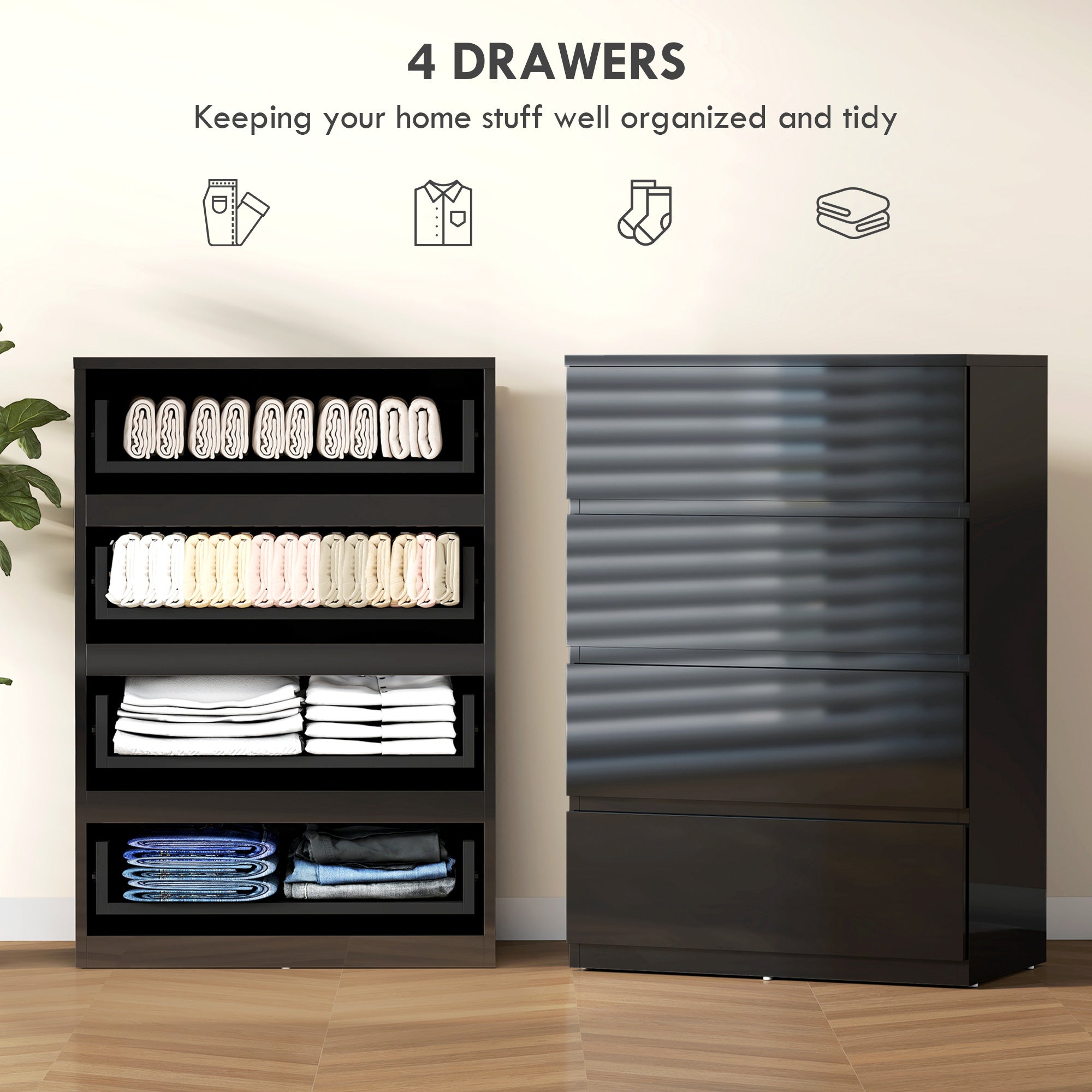 HOMCOM Chest of Drawers, 4-Drawer Storage Cabinets, Modern Dresser, Storage Drawer Unit for Bedroom