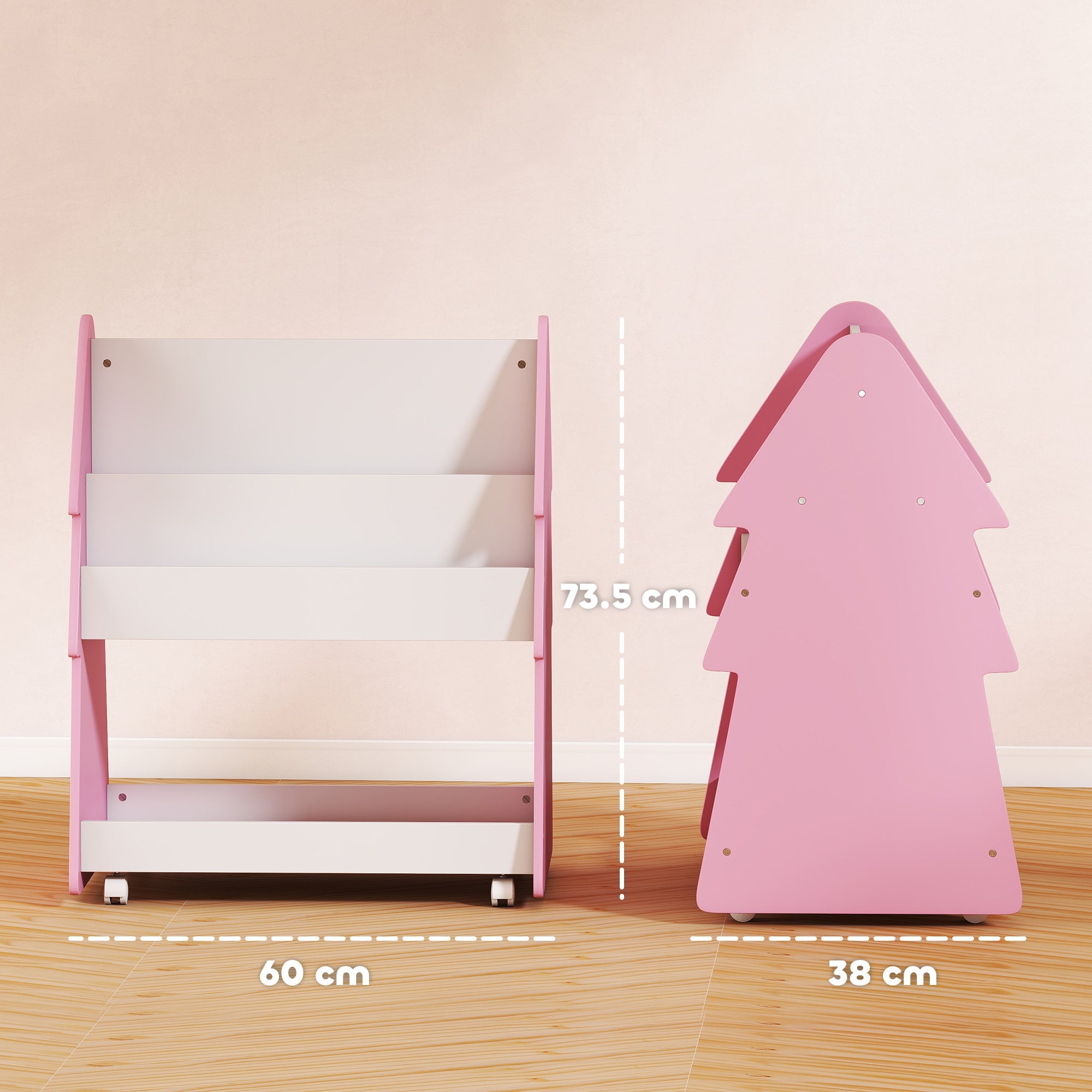 AIYAPLAY Kids Bookshelf with Toy Storage, Double-Sided Bookcase with Wheels, 3 Tier Kids Book Rack for Bedroom, Pink
