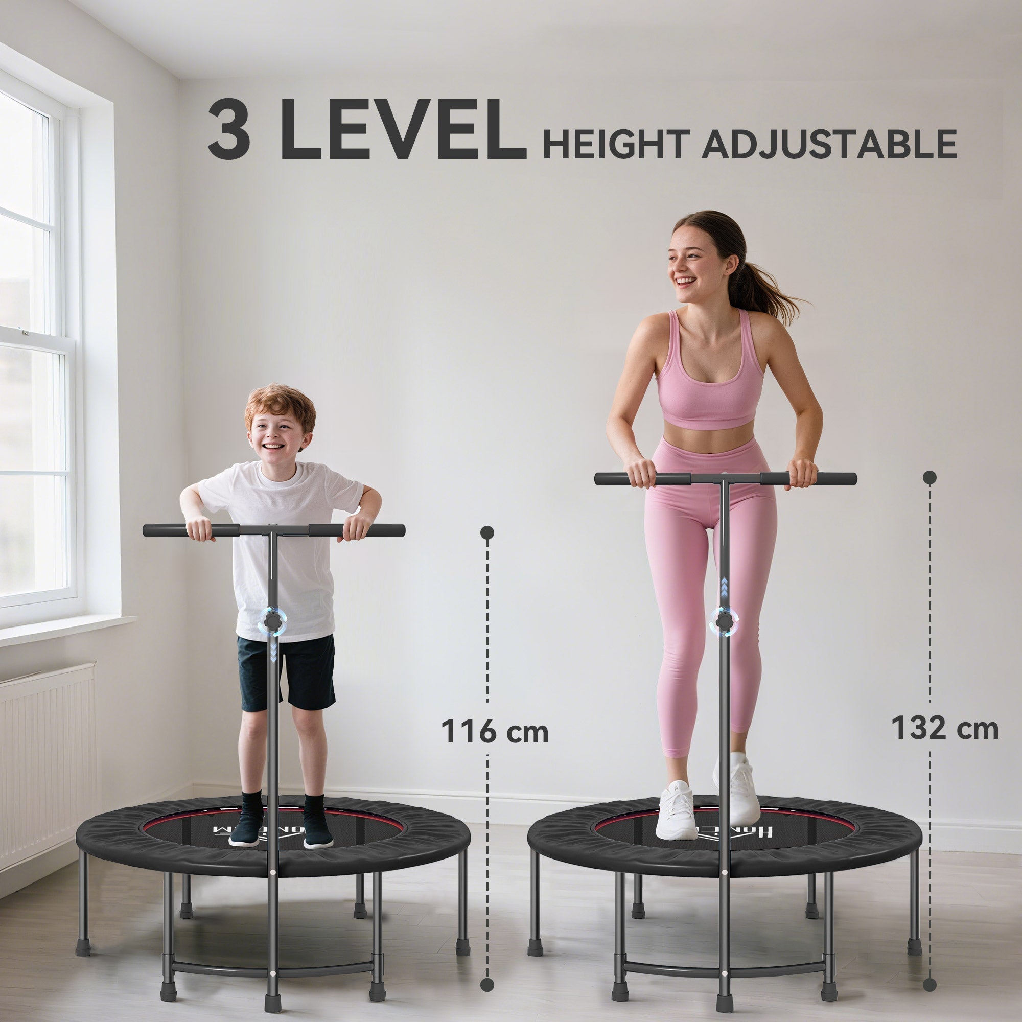 HOMCOM 40" Fitness Trampoline with Adjustable Handle, Rebounder Trampoline, Mini Jumper for Indoor Exercise Workout, Black