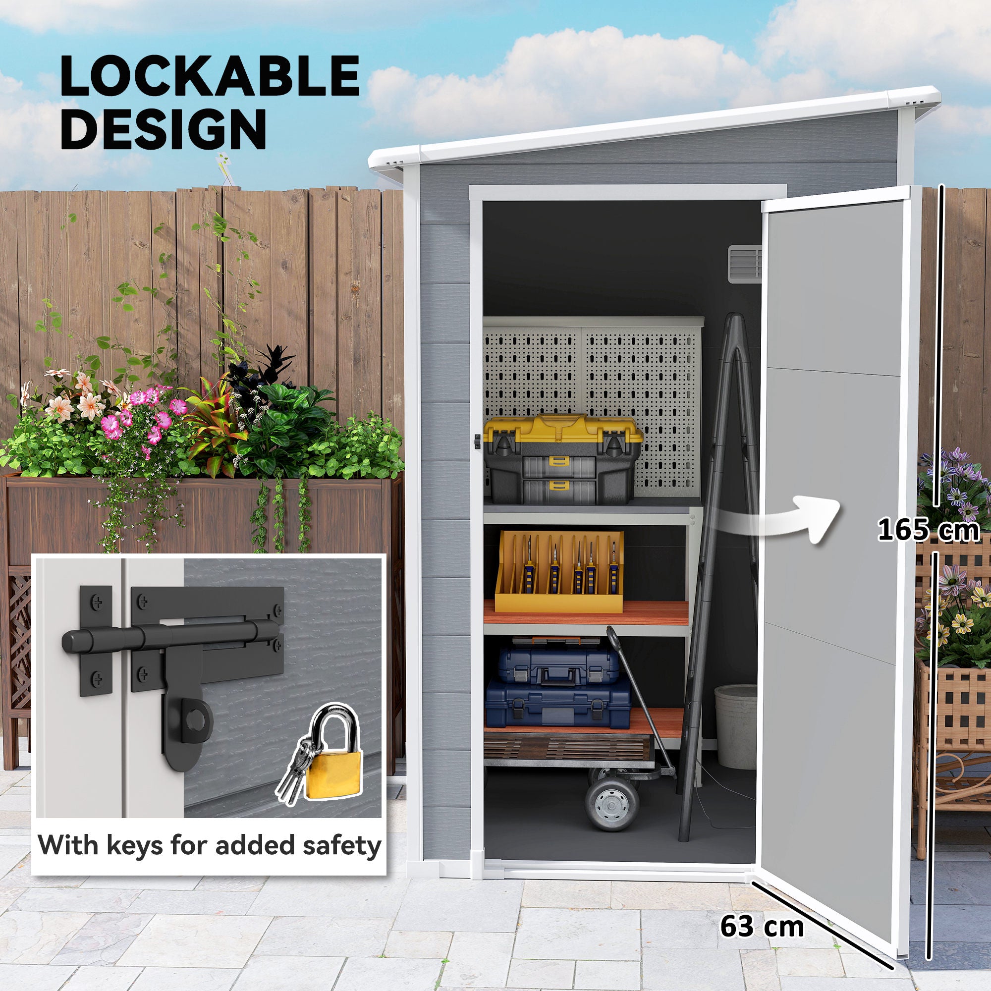 Outsunny 4'x5' Garden Storage Shed, Lean to Shed, Lockable Garden Shed with Window, Vent and Plastic Roof, Grey
