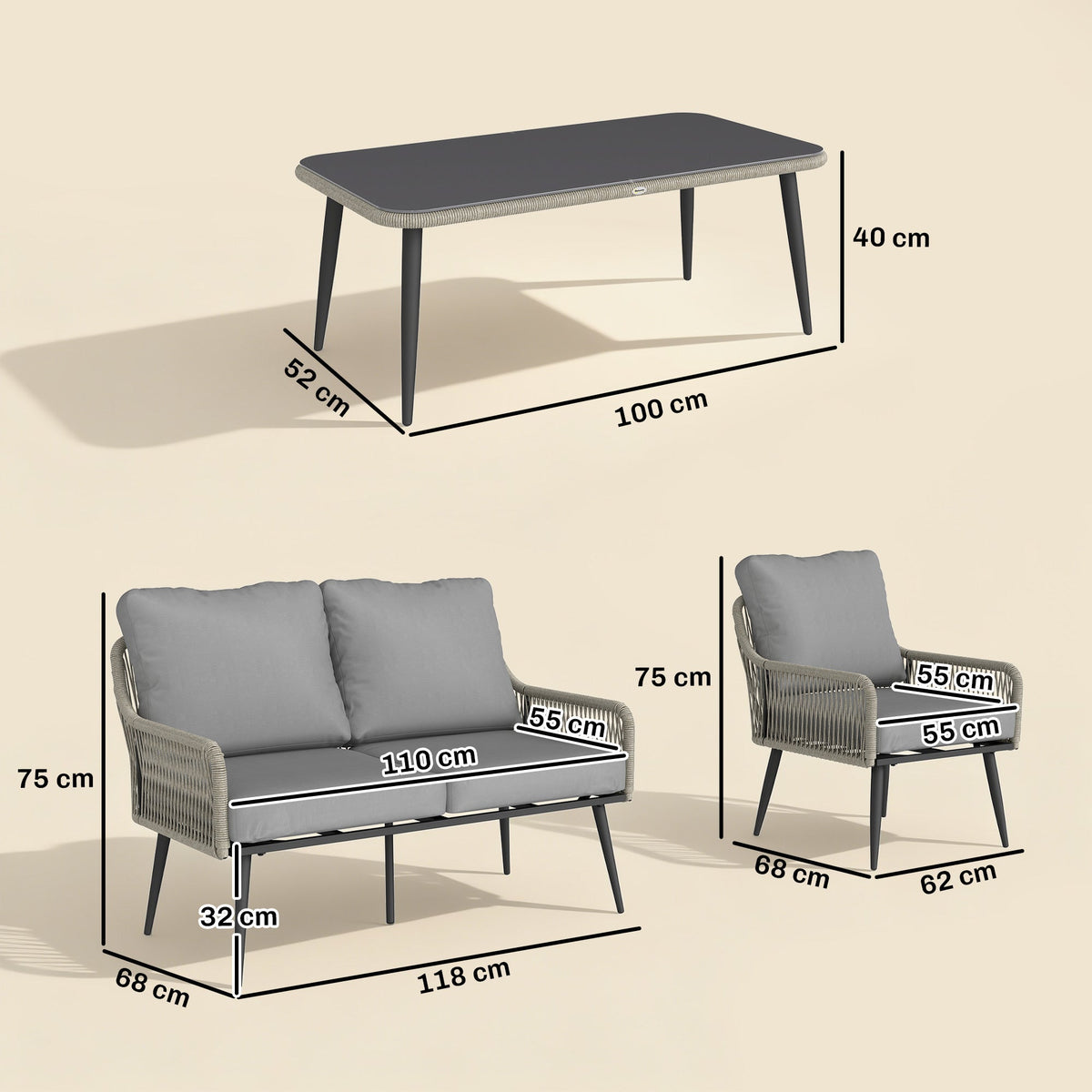 Outsunny Rattan Garden Furniture Set, 4 Piece Outdoor Patio Furniture with Tempered Glass Table and Chairs, Indoor Balcony Conservatory Set