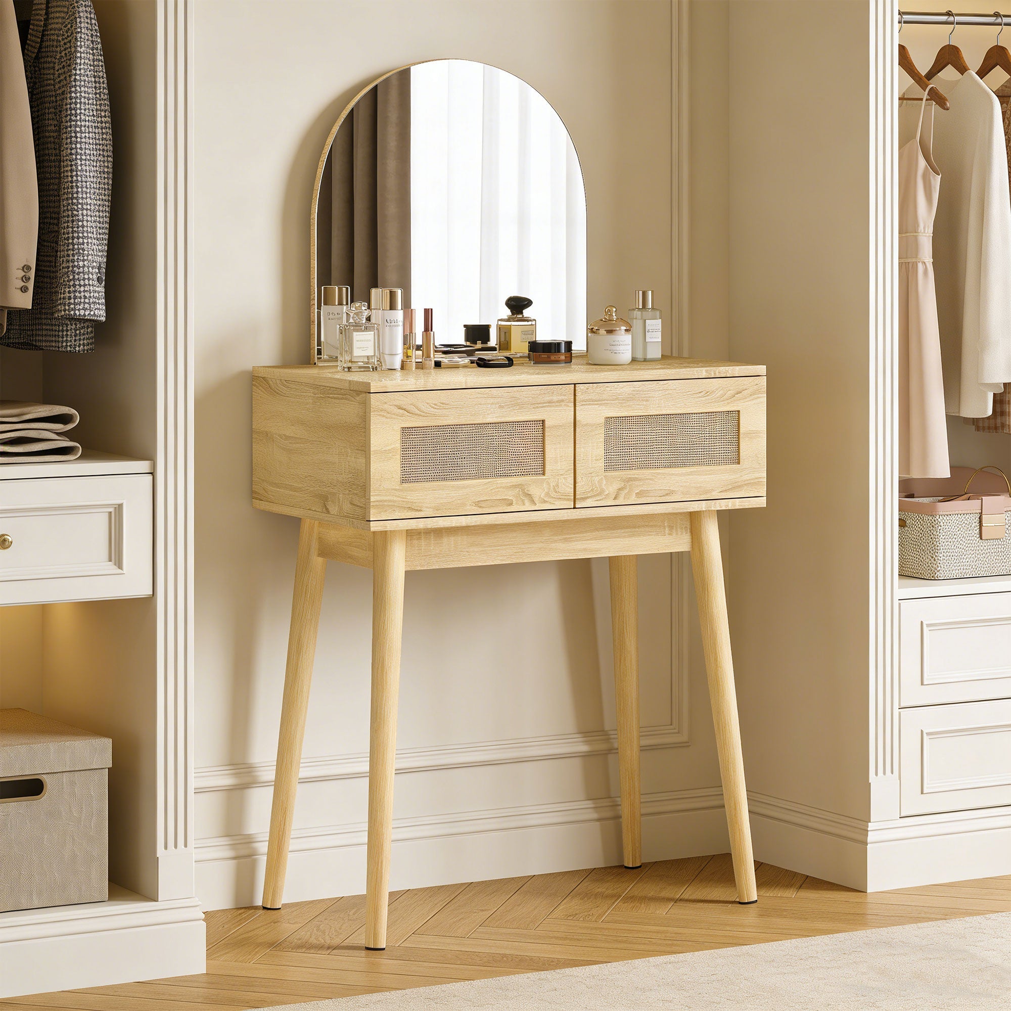 HOMCOM Dressing Table, Compact Vanity Desk with Mirror and 2 Drawers, Natural Wood Finish