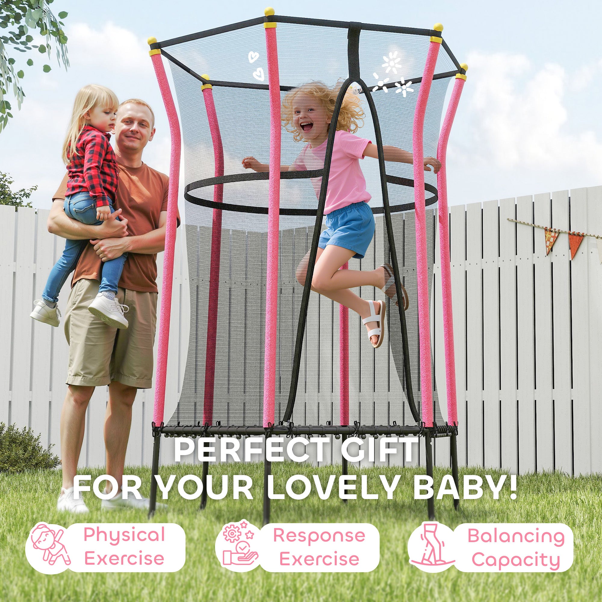 HOMCOM Kids Trampoline Mini Bouncer with Enclosure Safety Net For Ages 3-10 Years - Pink