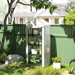 Outsunny 4 Tier Mini Portable Greenhouse Compact Plant Grow Shed Metal Frame PE Cover with Lockable Rolling Wheels , White