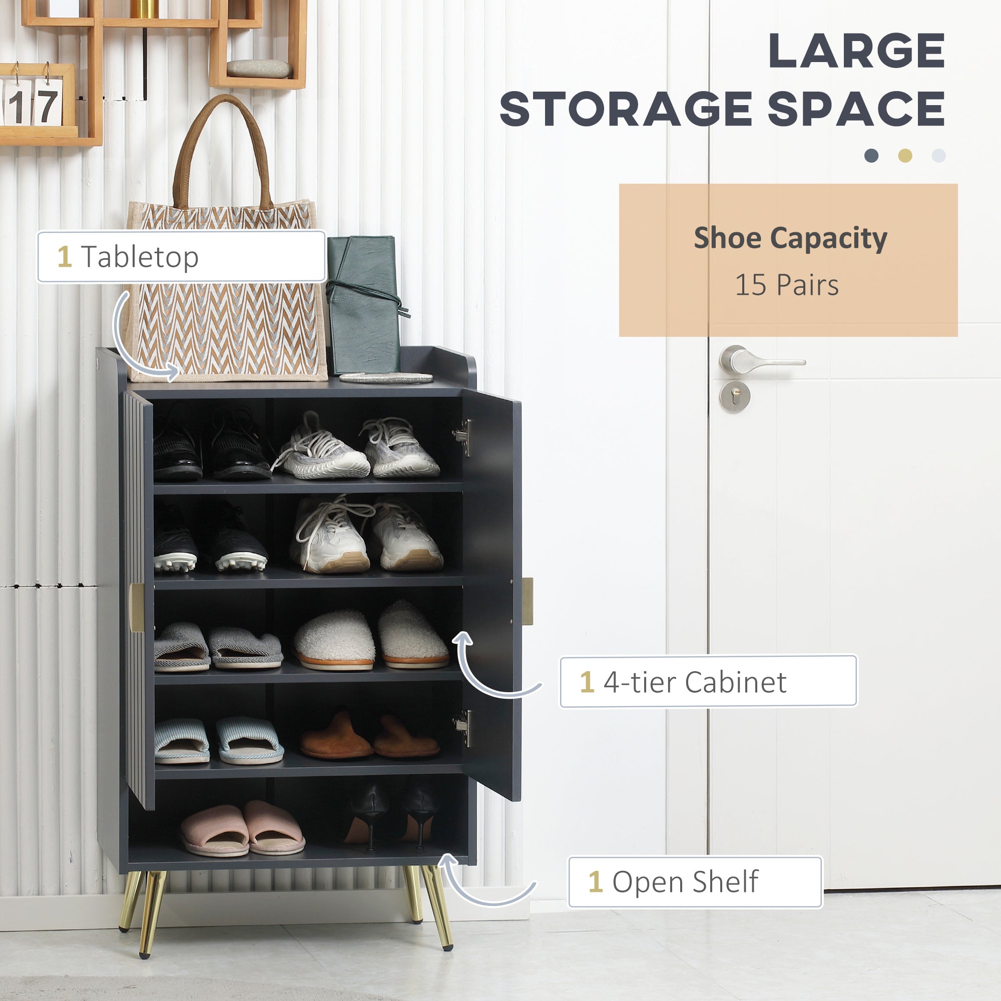 HOMCOM Modern Shoe Cabinet with 2 Doors, Open Shelf and Adjustable Shelves, 15 Pair Hallway Shoe Cupboard, Entryway Storage Unit, Grey